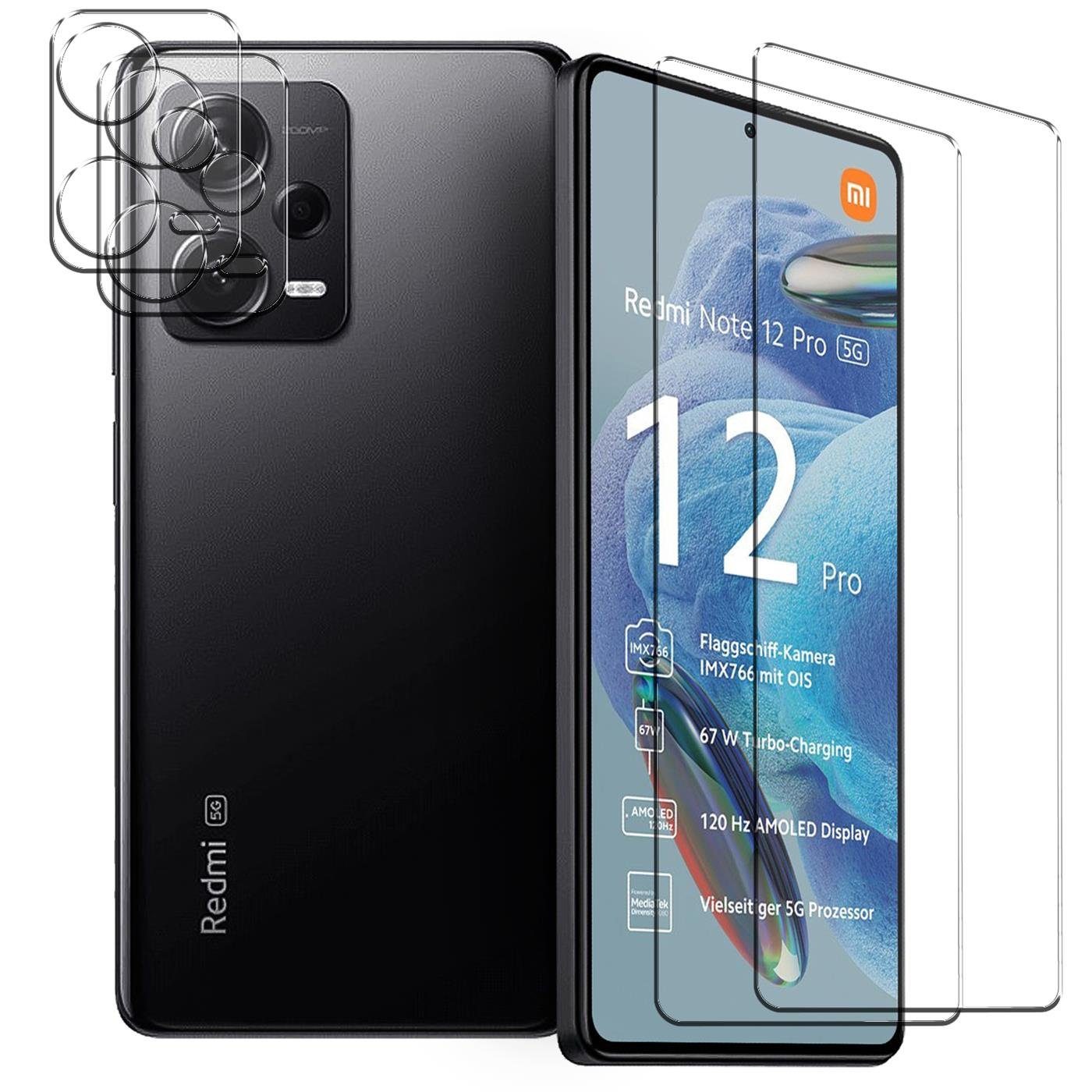CoolGadget Schutzfolie Panzerfolie für Xiaomi Redmi Note 12 Pro 5G, (Spar-Set 4in1, 2x Displayschutz, 2x Kameraschutz), Panzerglas Schutzfolie für Redmi Note 12 Pro 5G Folie