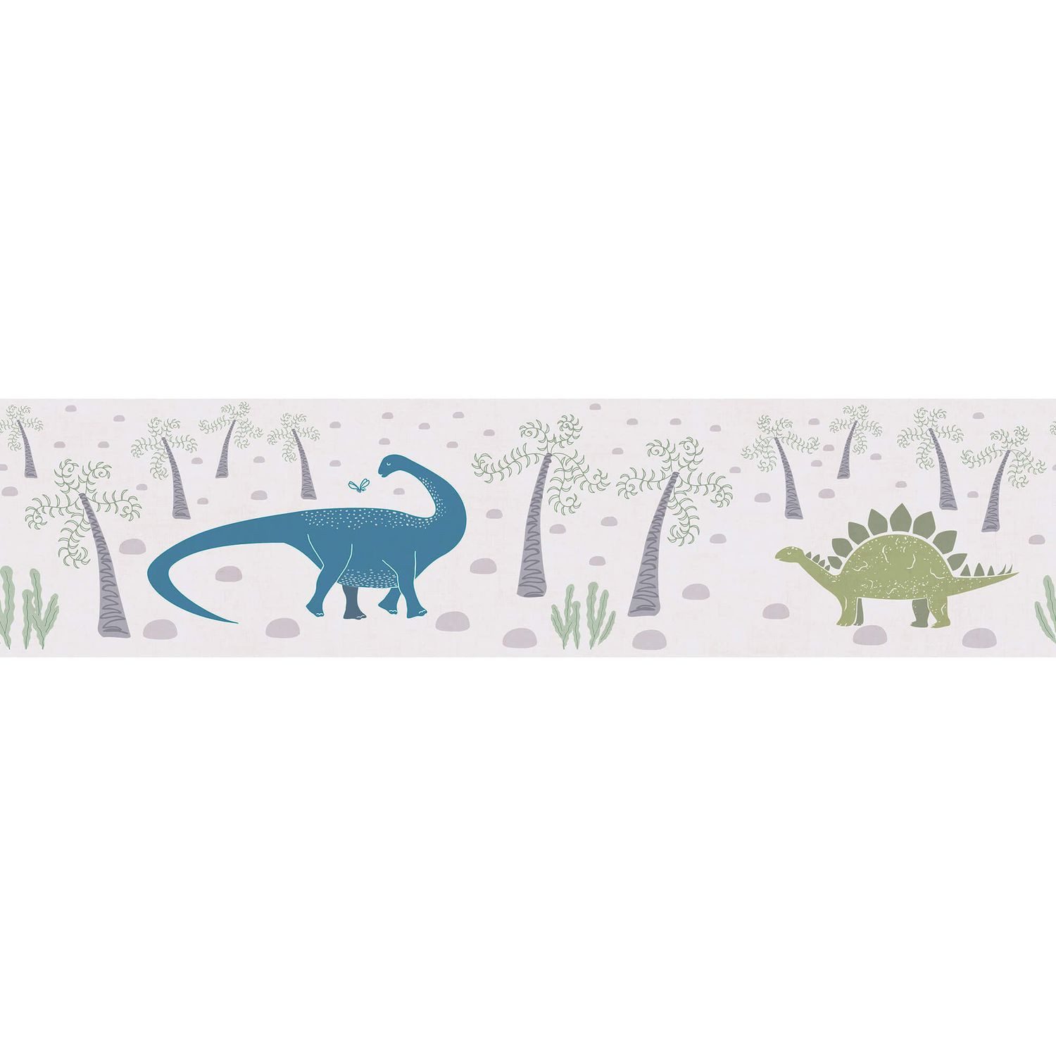 Profhome Bordüre 771411-GU Kinderzimmer Tapete Dinosaurier matt grau creme-weiß grün, glatt, (1 Rolle, 0,65 qm), Vlies-Bordüre, bunt