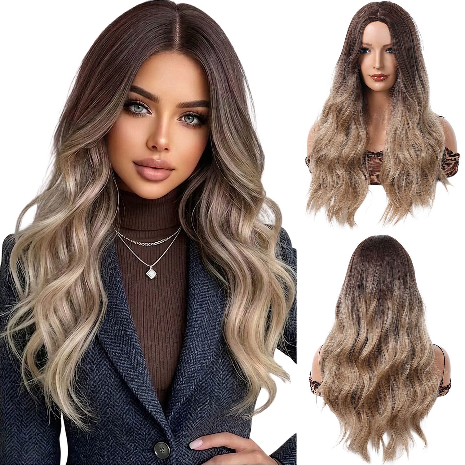 Refttenw Kunsthaarperücke Lange Wellig Perücke Damen Perrücke Verstellbar- Ombre Blonde, 65cm Perrücke Mittelscheitel