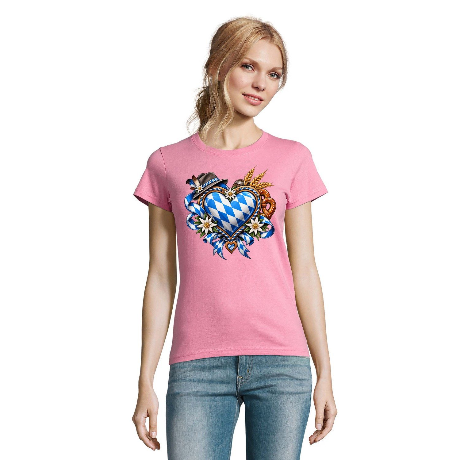 Blondie & Brownie T-Shirt Oktoberfest Damen T Shirt Bayerisches Herz mit Rundhals (Einzelartikel) Alpenraute Festmotiv mit Edelweiß