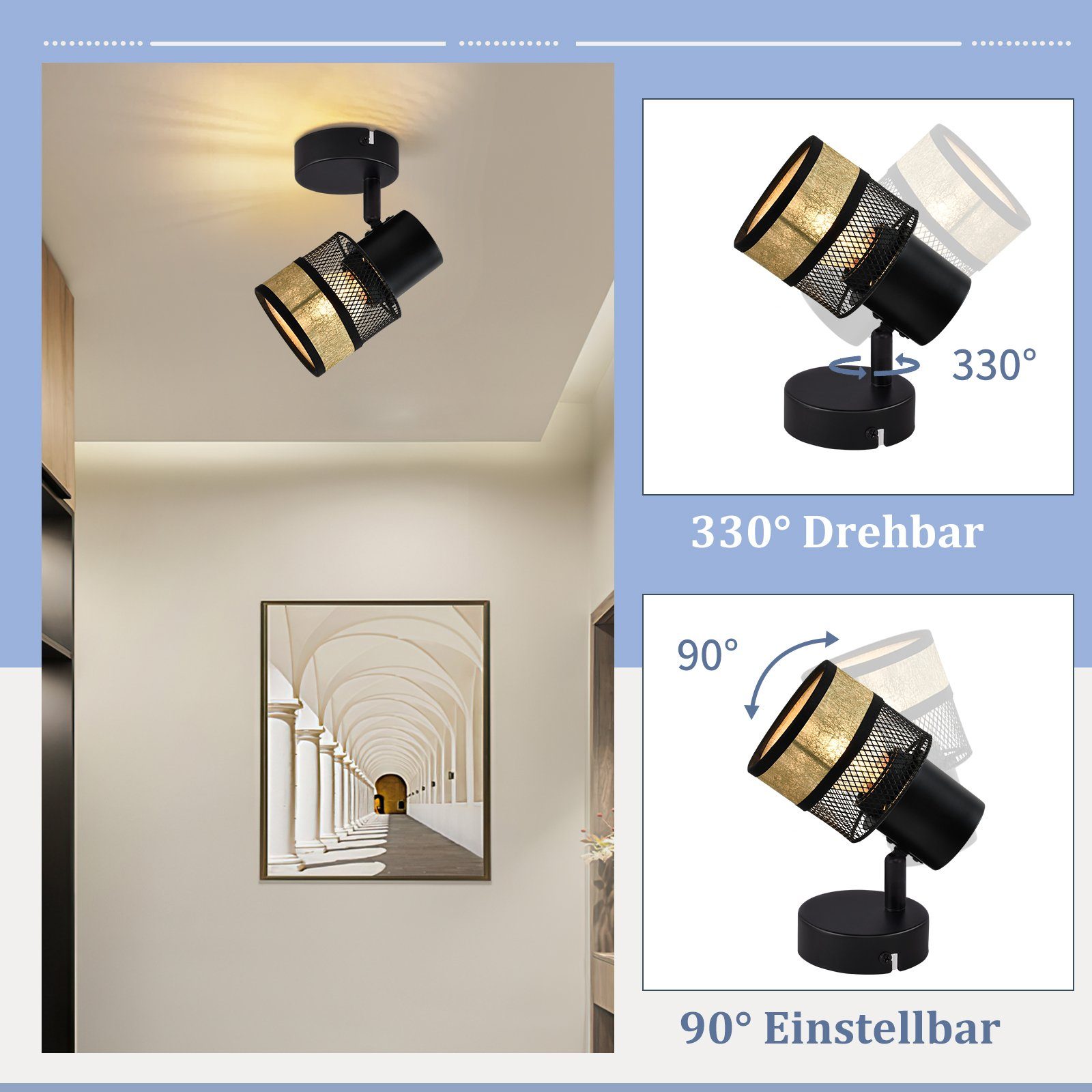 Nettlife Deckenstrahler 1/2/3/4 Flammig Schwarz Vintage E27 Flur Metall Deckenleuchte, 330°Drehbar, LED wechselbar, für Wohnzimmer Schlafzimmer Küche Treppe Esszimmer