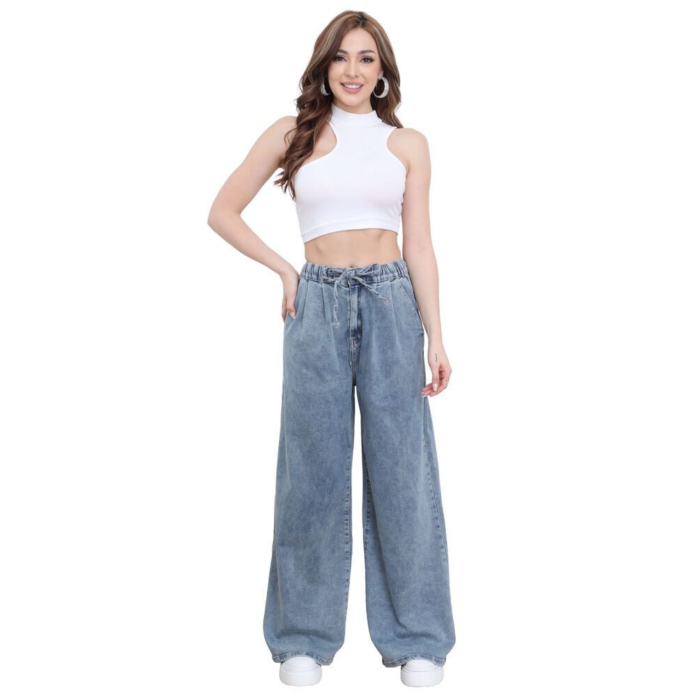 Ital-Design Weite Jeans Moderne Weitgeschnittene Jeans mit Kordelzug für Damen (91531120) Used-Look Stretch Relaxed Fit Jeans in Blau – Bild 4 von 5
