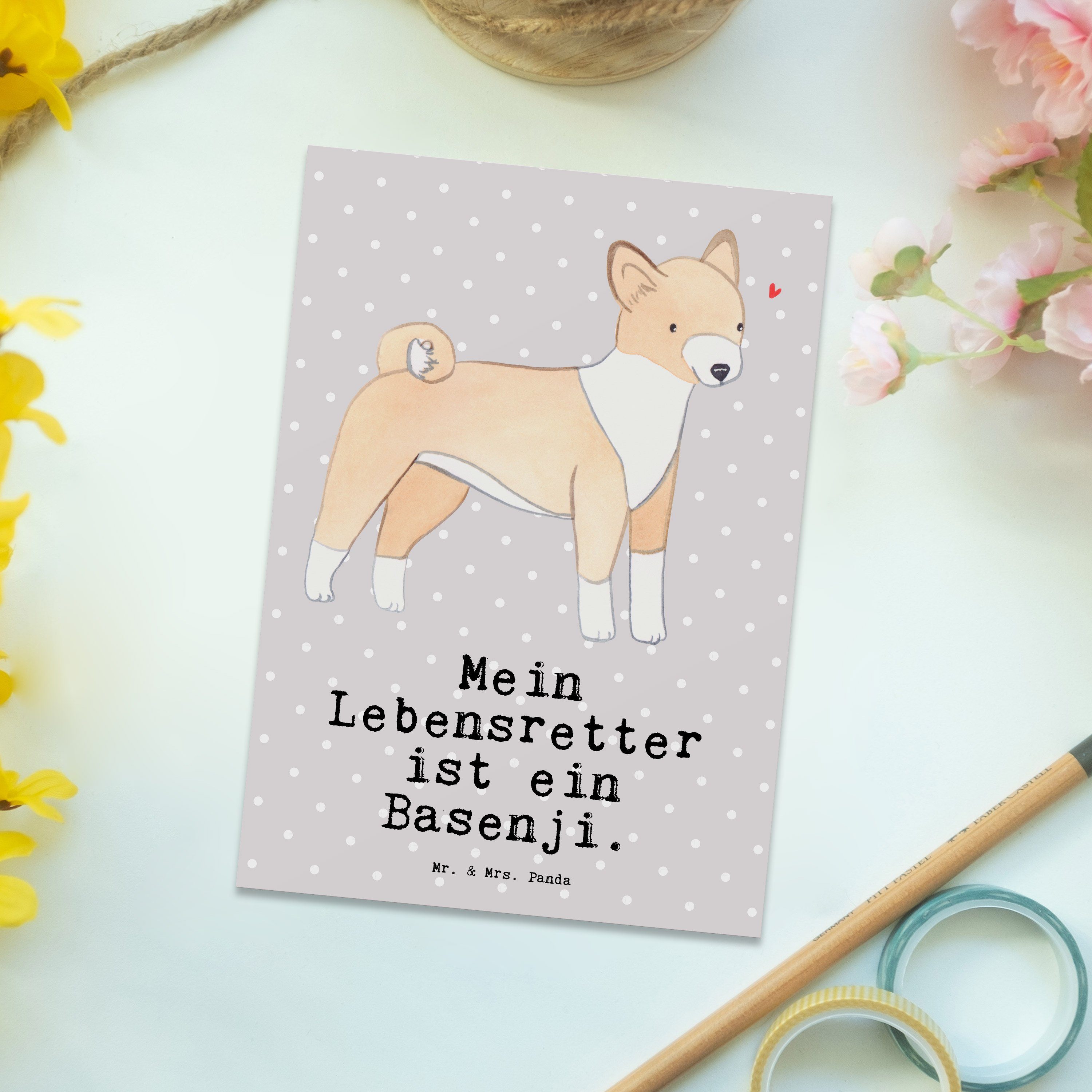 Postkarte Basenji Geschenk, - - Pastell Lebensretter Geschenkkarte, Mr. & Panda Hundeb Mrs. Grau