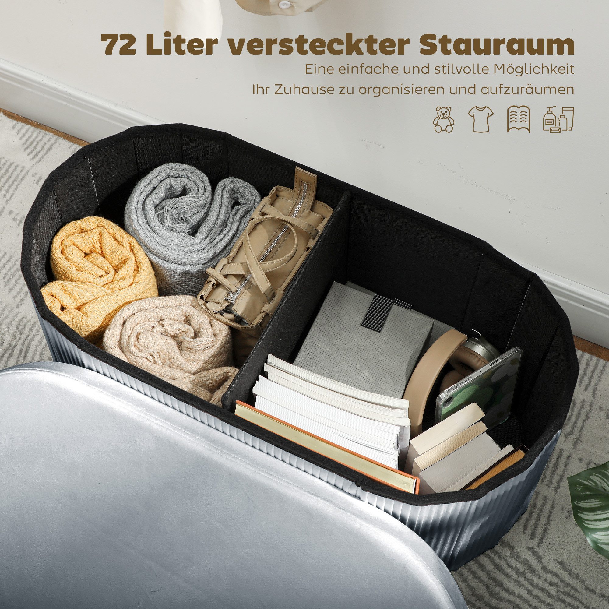 HOMCOM Sitzbank Polsterbank mit Deckel, Sitztruhe für Wohnzimmer, Dunkelgrau (Sitztruhe, 1-St., inkl. Aufbauanleitung), Faltbar, mit Stauraum, Samtoptik – Bild 4 von 5