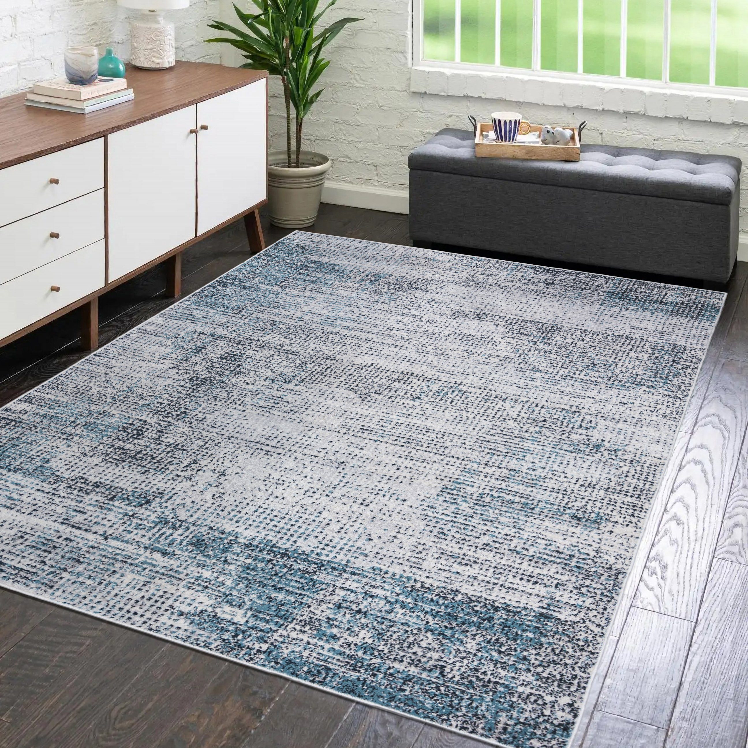 Designteppich Modern Vintage Teppich - Abstrakt Muster Blau Creme -  kurzflor, Mazovia, 60 x 100 cm, Wohnzimmer, Geeignet für Fußbodenheizung,  Höhe 9 mm, Kurzflor, SCHUTZ UND SICHERHEIT - die Teppiche der Kollektion  GALA sind zertifiziert