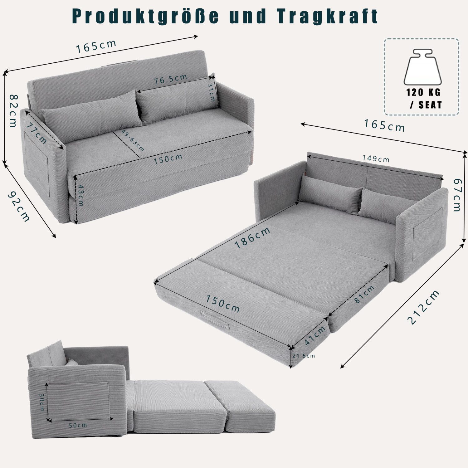 ANYSUN Loungesofa Faltbares Schlafsofa, 2-Sitzer-Couch,das 2-in-1 Klappsofa, Bodensofa-Bett,Cordstoff,mit zwei Lendenkissen, bequemes Cord Bodensofa für Wohnzimmer,Wohnung,kleine Räume