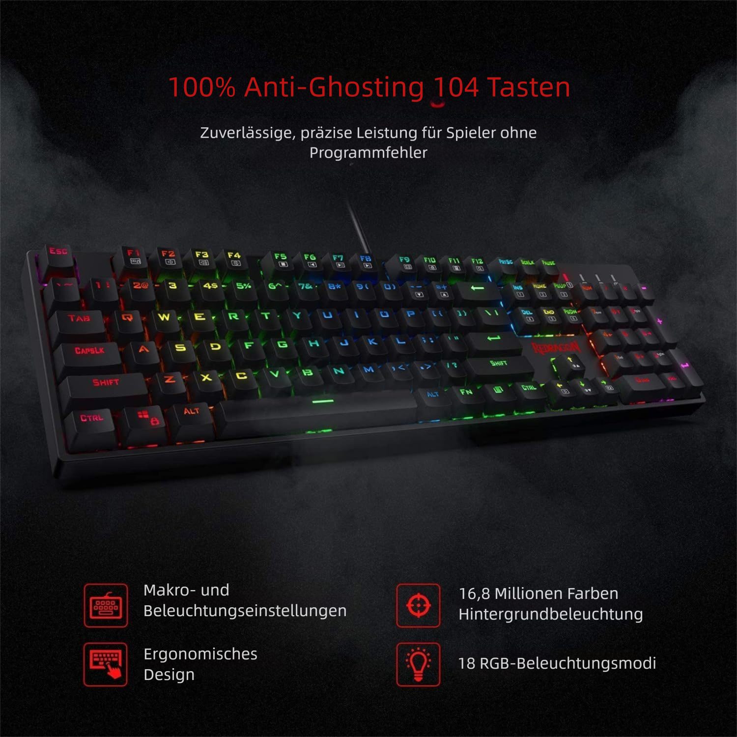 Redragon 104 Tasten, Rote Schalter, QWERTY US-Layout, K582 Mechanische Gaming-Tastatur (RGB LED-Hintergrundbeleuchtung, Anti-Ghosting, für PC & Laptop)