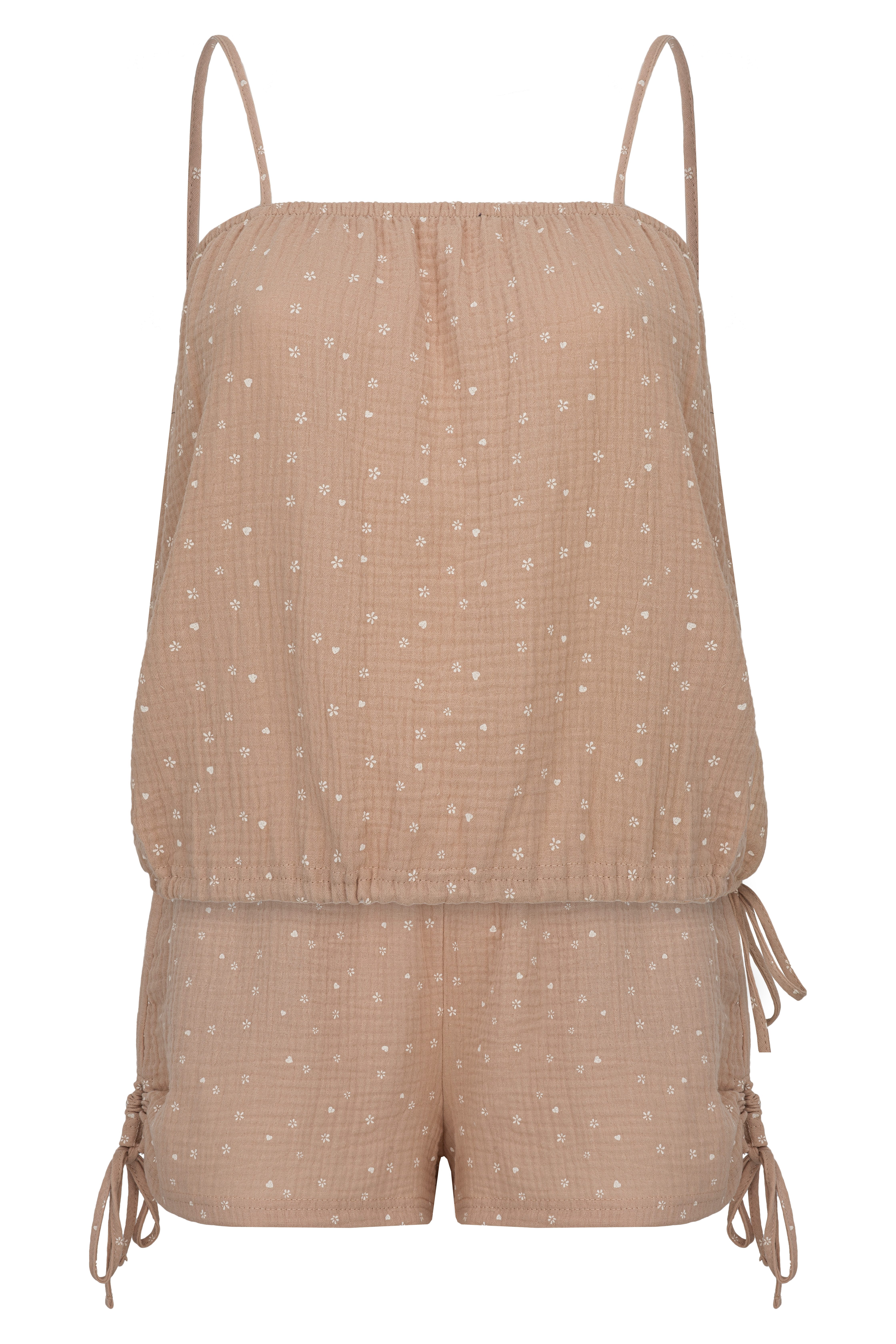 Mademoiselle Sommeil Shorty Damen Musselin Pyjama – Schlafanzug aus 100 % Baumwolle (Set, 2 tlg) mit Spaghettiträger-Top & Raffdetails