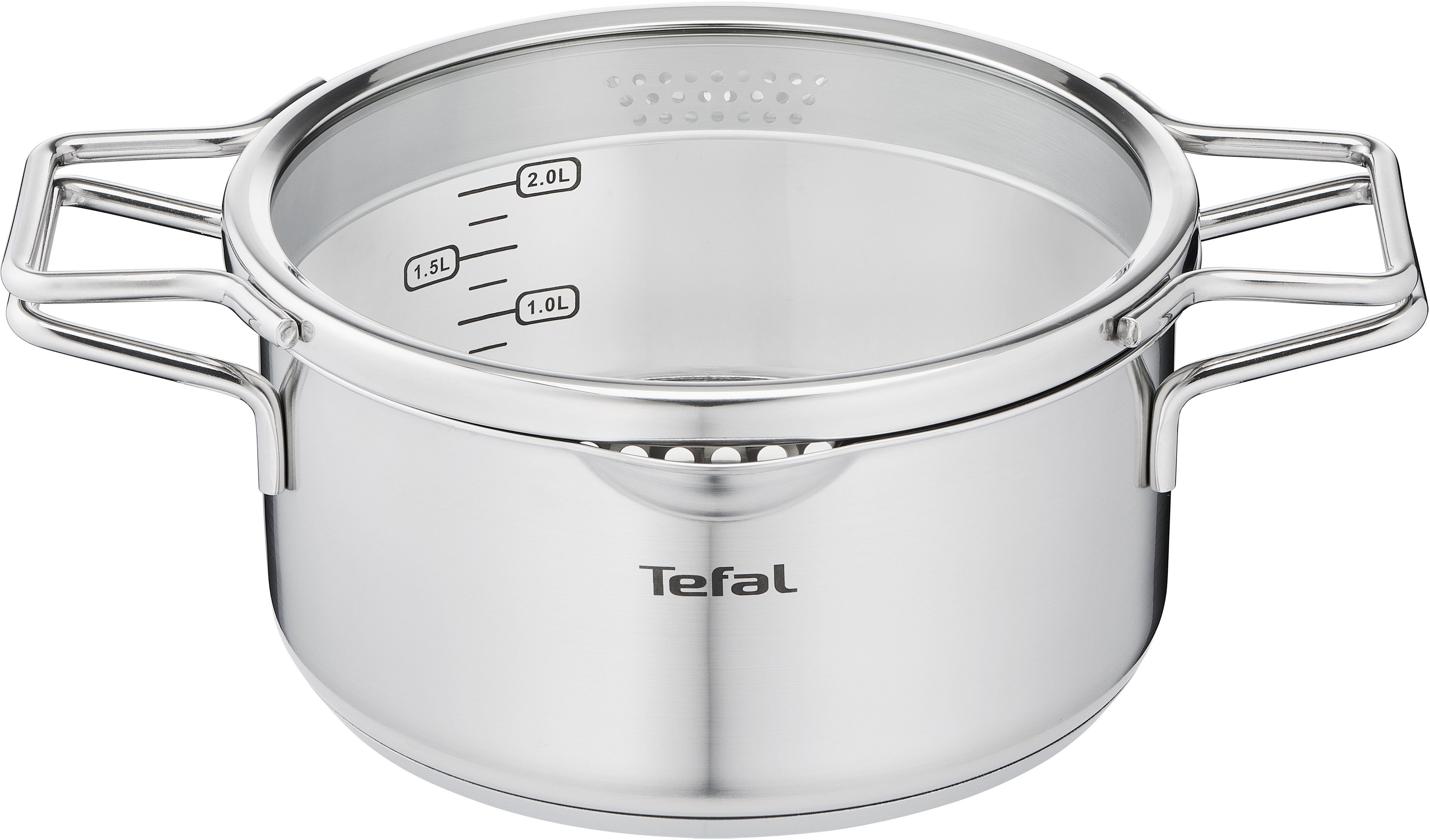 Kochtopf, Kochtopf nordisches Doppelgriff, inklusive Ausgießer, Tefal Design, Nordica, Lieferumfang: Induktion, Glasdeckel mit Deckel, 1 Edelstahl (1-tlg),