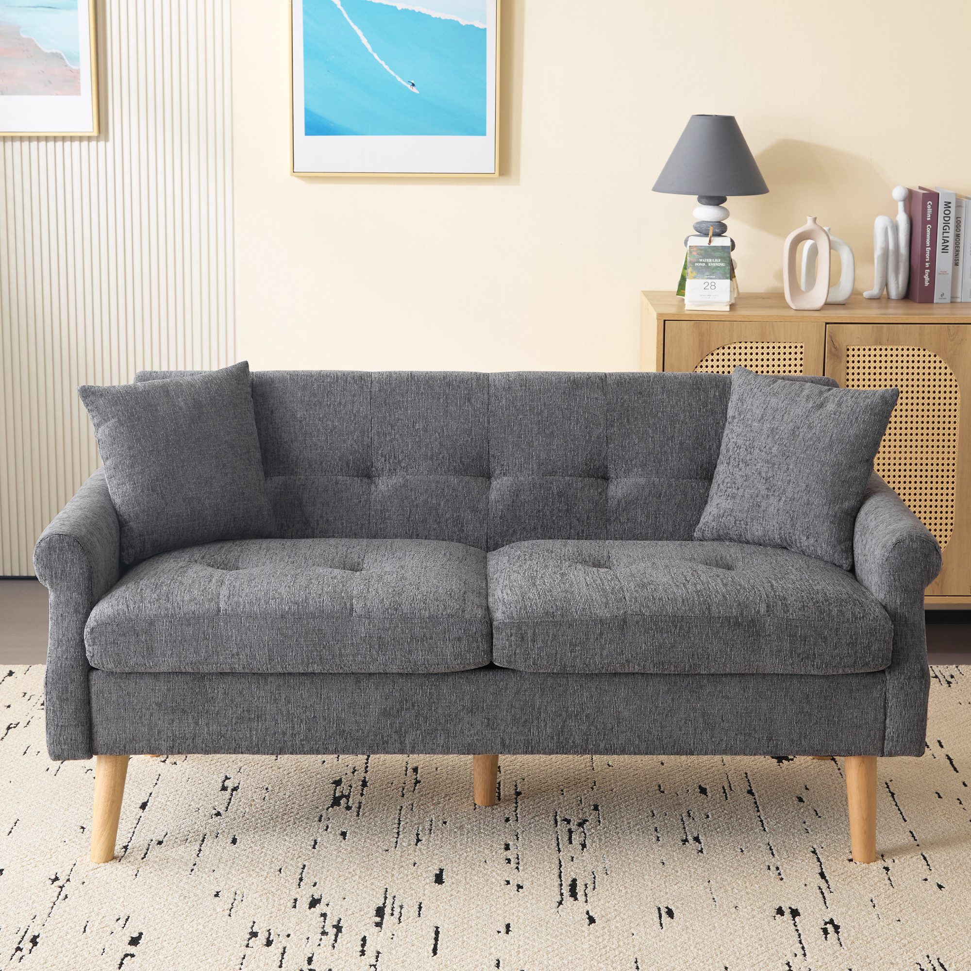 i@home 2-Sitzer Doppelsofa, Polstersofa, Polstermöbel, geeignet für Wohnzimmer, Schlafzimmer, Sofa mit dicken Kissen, Beige/Grau