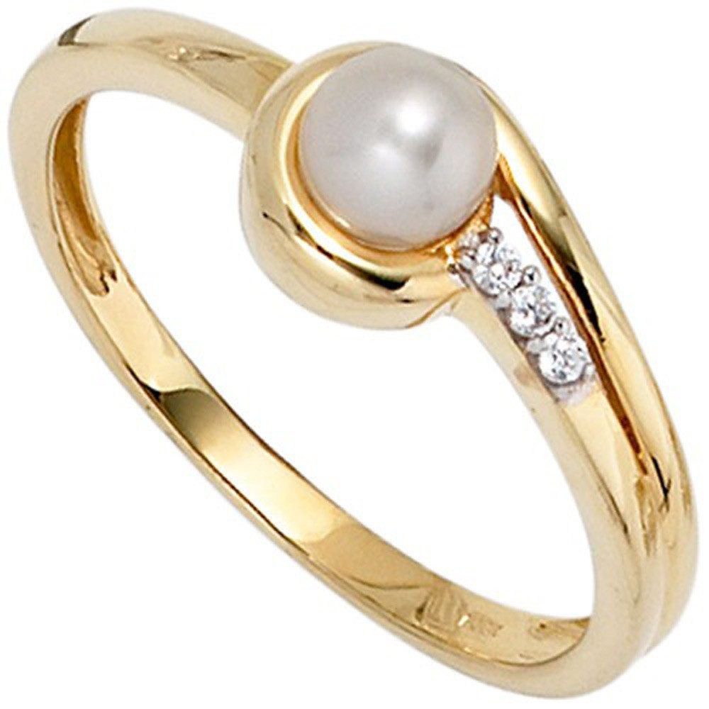Schmuck Krone Goldring Ring mit Süßwasser Perle Zirkonia 333 Gold, Gold 333