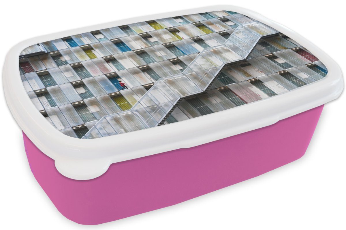 MuchoWow Lunchbox Türen - Wohnungen Kunststoff, für Kinder, Erwachsene, rosa Mädchen, Brotbox Snackbox, (2-tlg), Farbenfroh, Kunststoff - Brotdose Treppen 