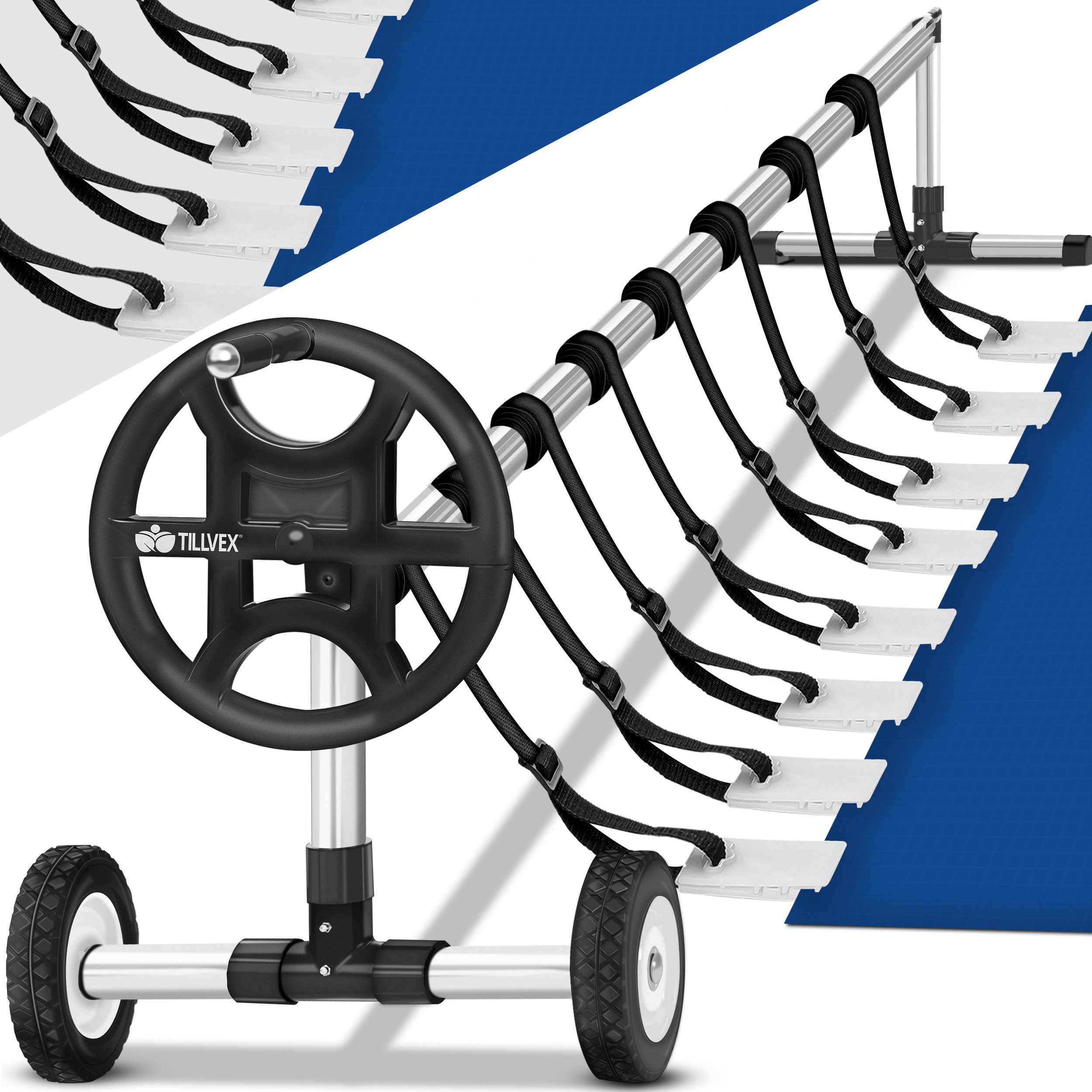 tillvex Pool-Abdeckplane Pool Aufroller 3-5,70 m mit Vollgummireifen Aufrollsystem Solarfolie (witterungsbeständiges Material), Aufrollvorrichtung für Solarplane & Abdeckung inkl. Bänder