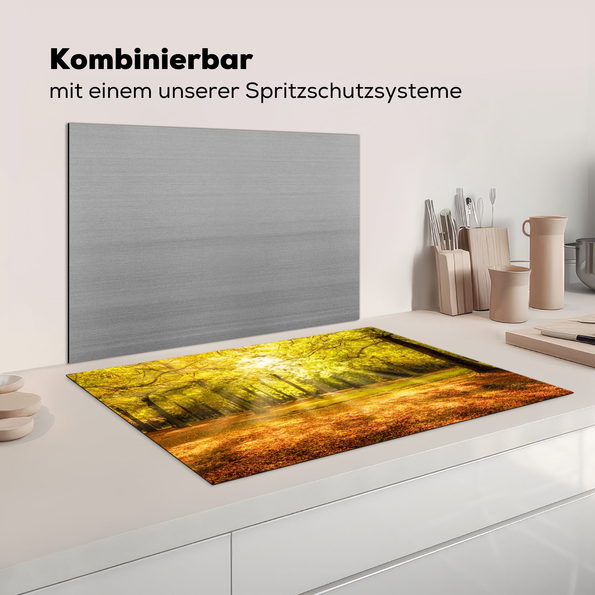 81x52 Vinyl, für - Arbeitsplatte - küche cm, Baum MuchoWow Landschaft Sonne Ceranfeldabdeckung, - (1 Natur - tlg), Wald, Herdblende-/Abdeckplatte