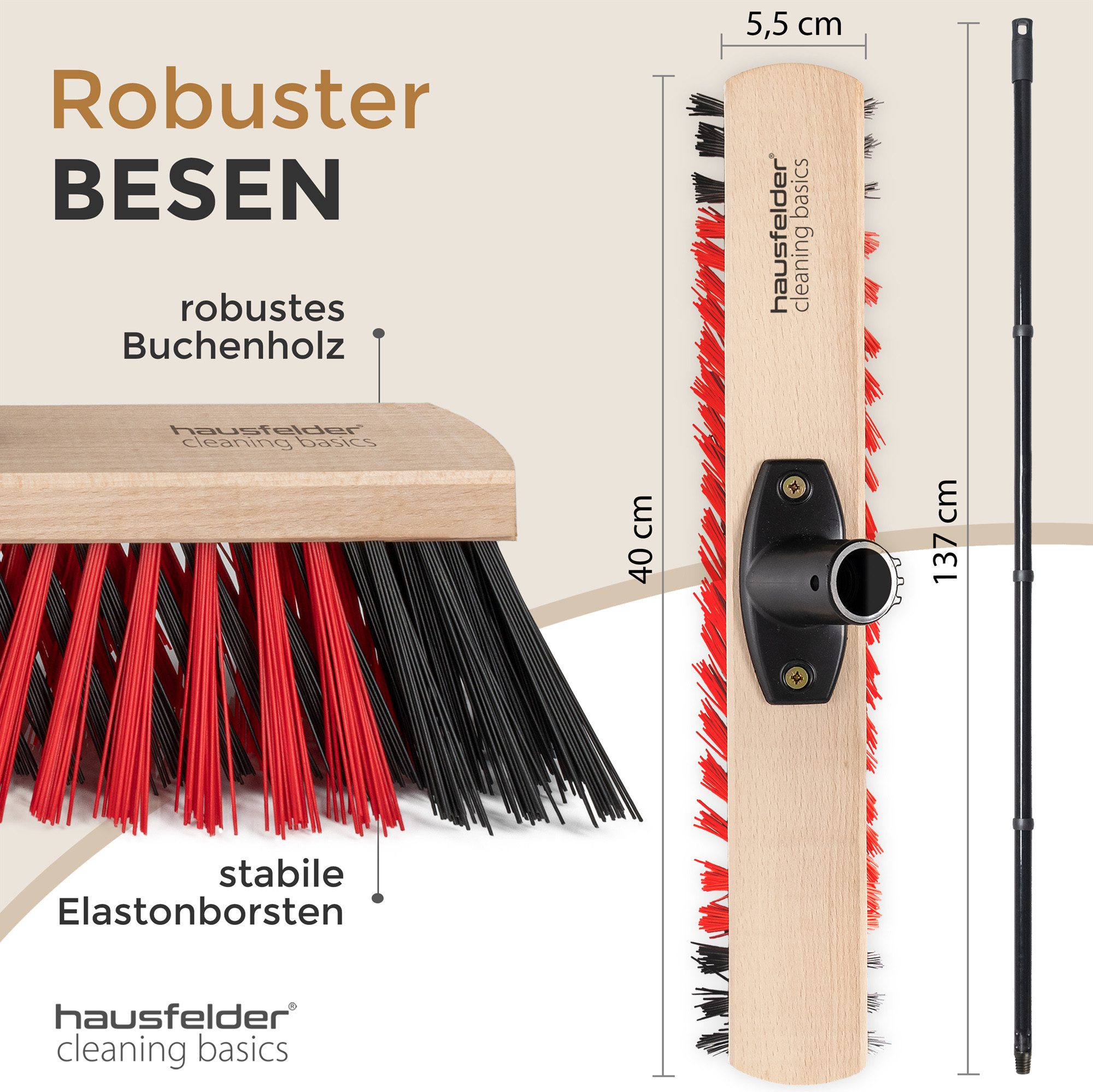 Hausfelder Straßenbesen Gartenbesen 40 cm breit mit Stiel, Terrasse, Garten, Straße, Einfahrt, (Kehrbesen mit vierteiligem Metallstiel, Besen), Besen für draußen