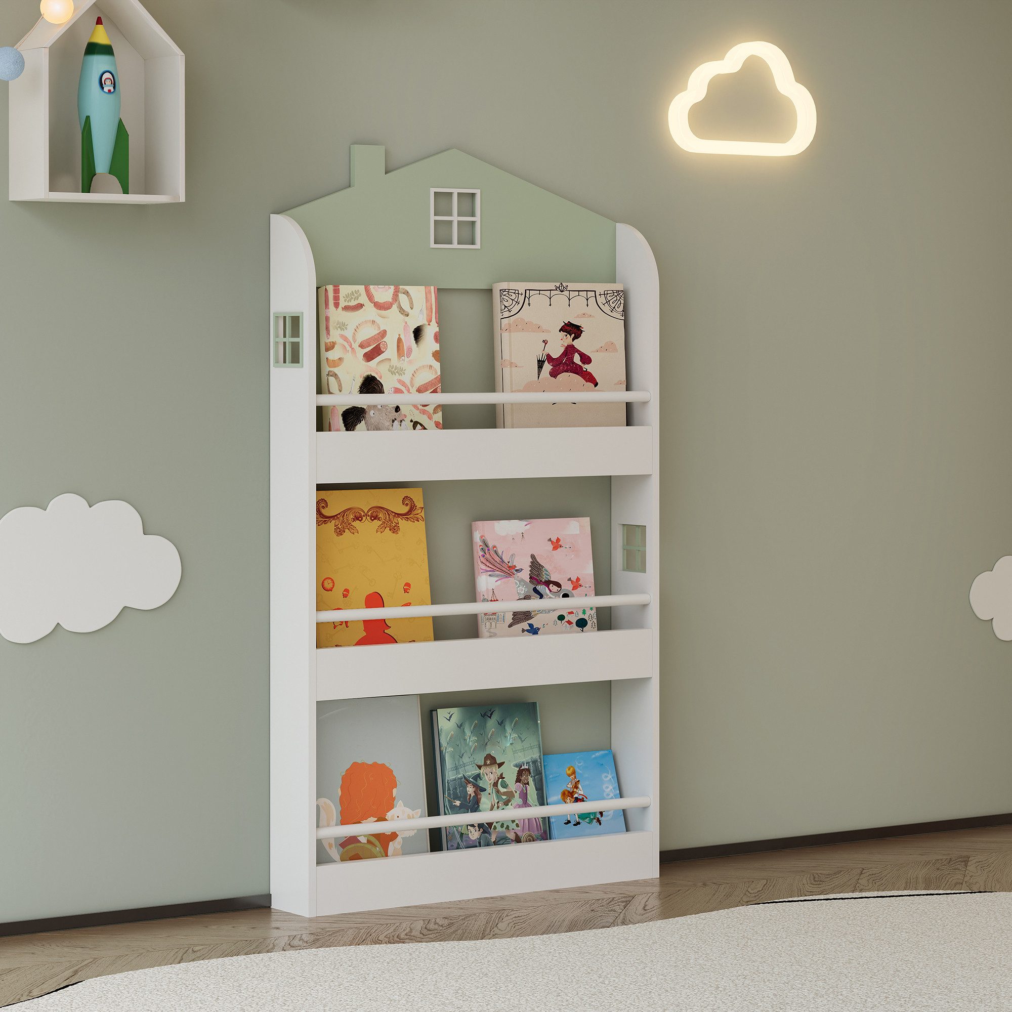 en.casa Kinderregal, »Vipsali« in Hausdesign 106 x 60 x 12 cm Mintgrün / Weiß