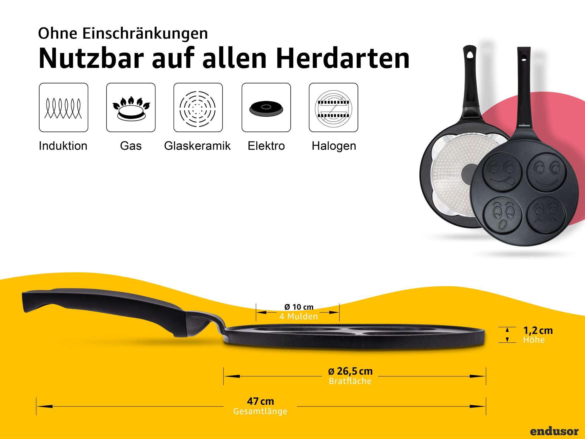 endusor Crêpepfanne Pancake Pfanne ⌀26cm mit 4 Smiley Motiven für Kinder, Aluminiumguss (Alle Herdarten inkl. Induktion, Ø 26cm Bratpfanne), modernster Antihaft-Beschichtung & Eisenkernboden für Pancakes & Mehr