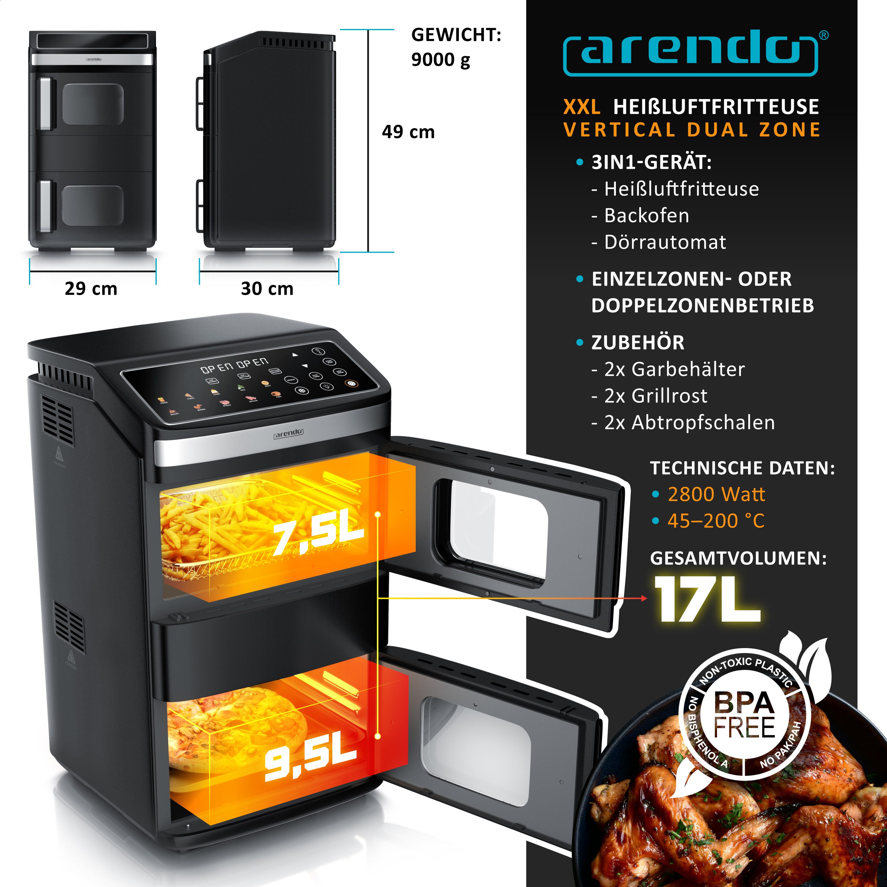 Arendo Heißluftfritteuse Doppelstock Dual Zone Airfryer & digitaler Mini-Backofen, 2800 W, mit Zubehör, Umluft Backofen, Sichtfenster, fettarmes gesundes Kochen