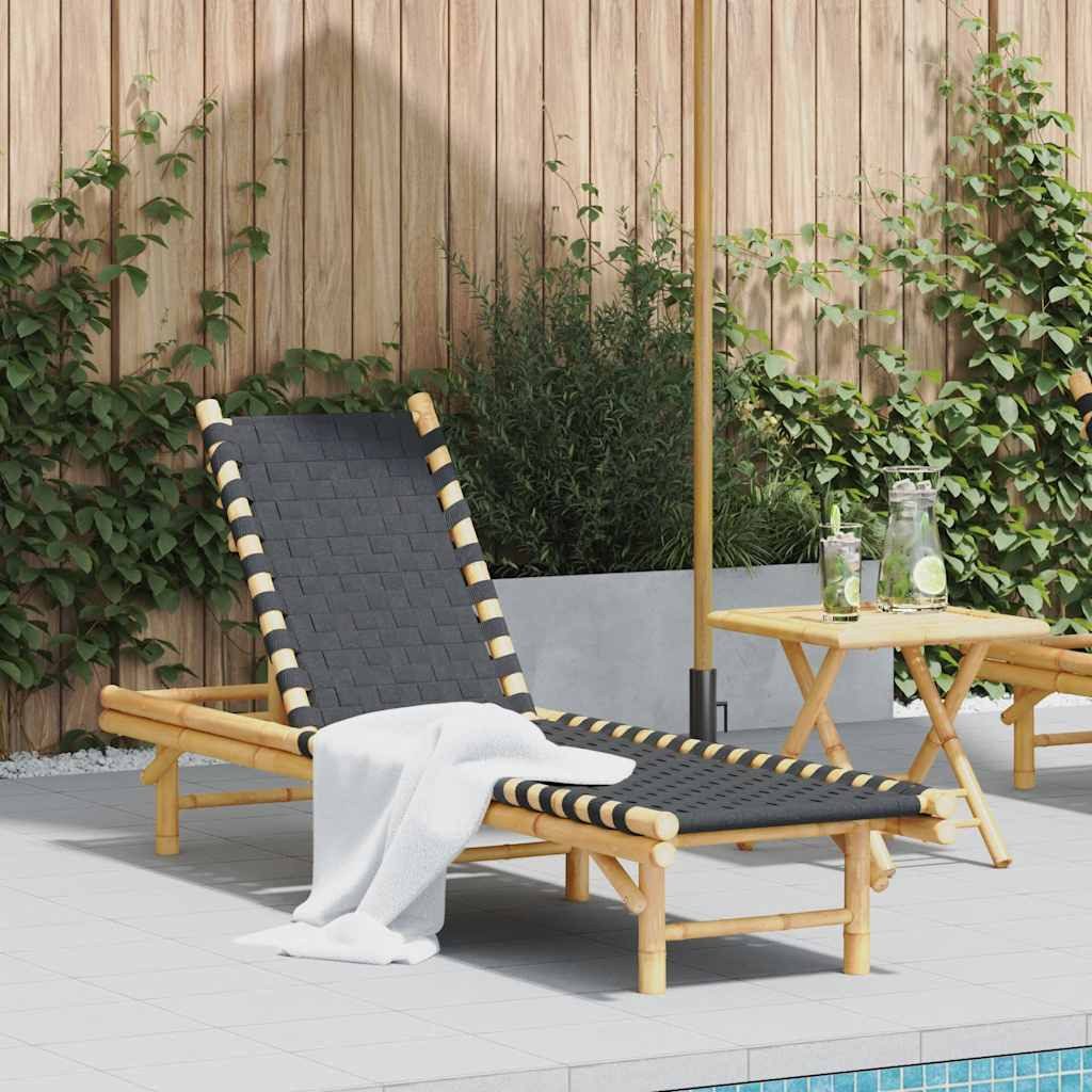 vidaXL Gartenliege Sonnenliege mit schwarzem gewebtem Gurtband 55x200x30 cm Bambus