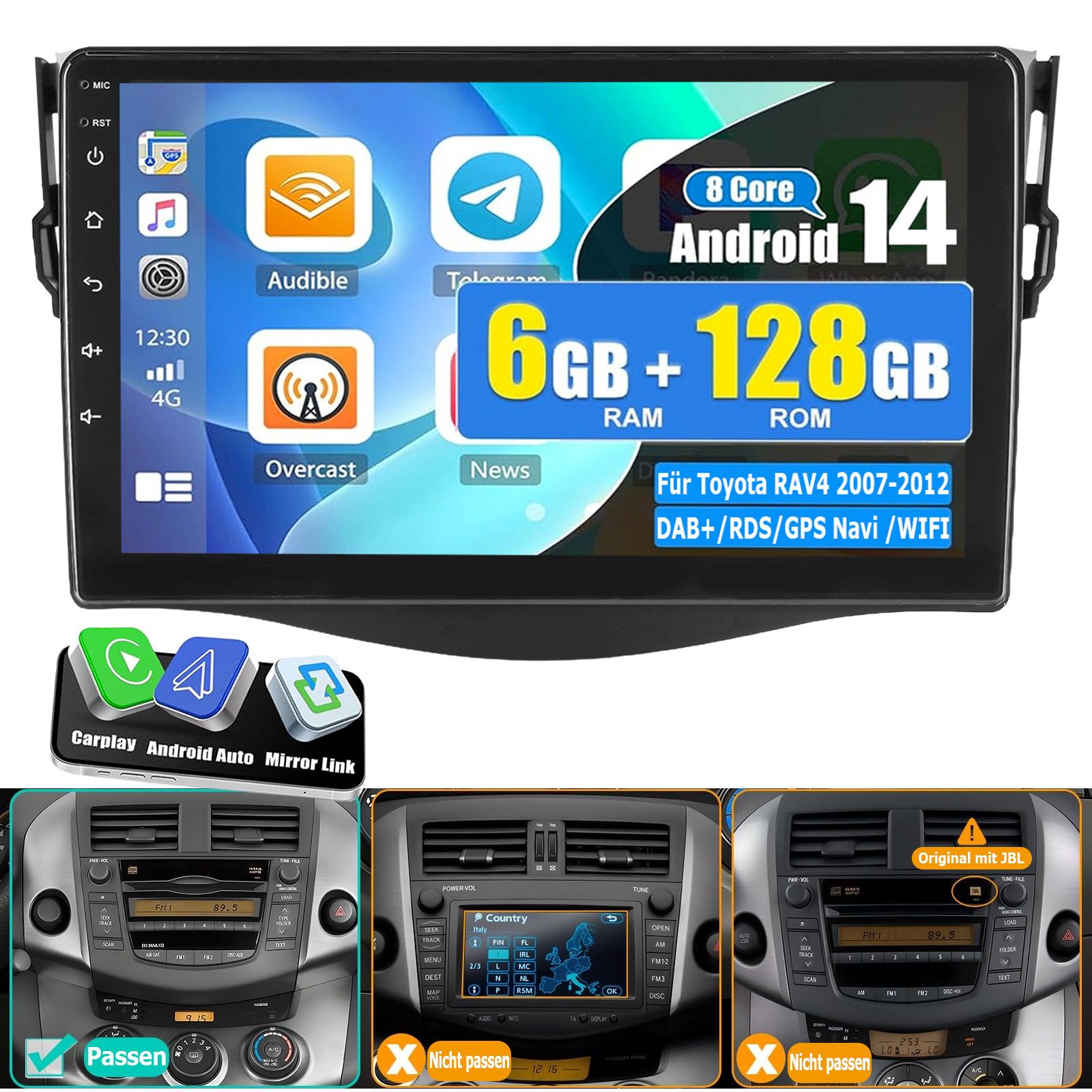 ESSGOO DAB+ 6+128G Android 14 Autoradio Für Toyota RAV4 2007-12 Carplay GPS Autoradio (Digitalradio (DAB), RDS, AM, FM, Carplay Android Auto Bluetooth EQ USB GPS Navi WIFI Touchscreen)