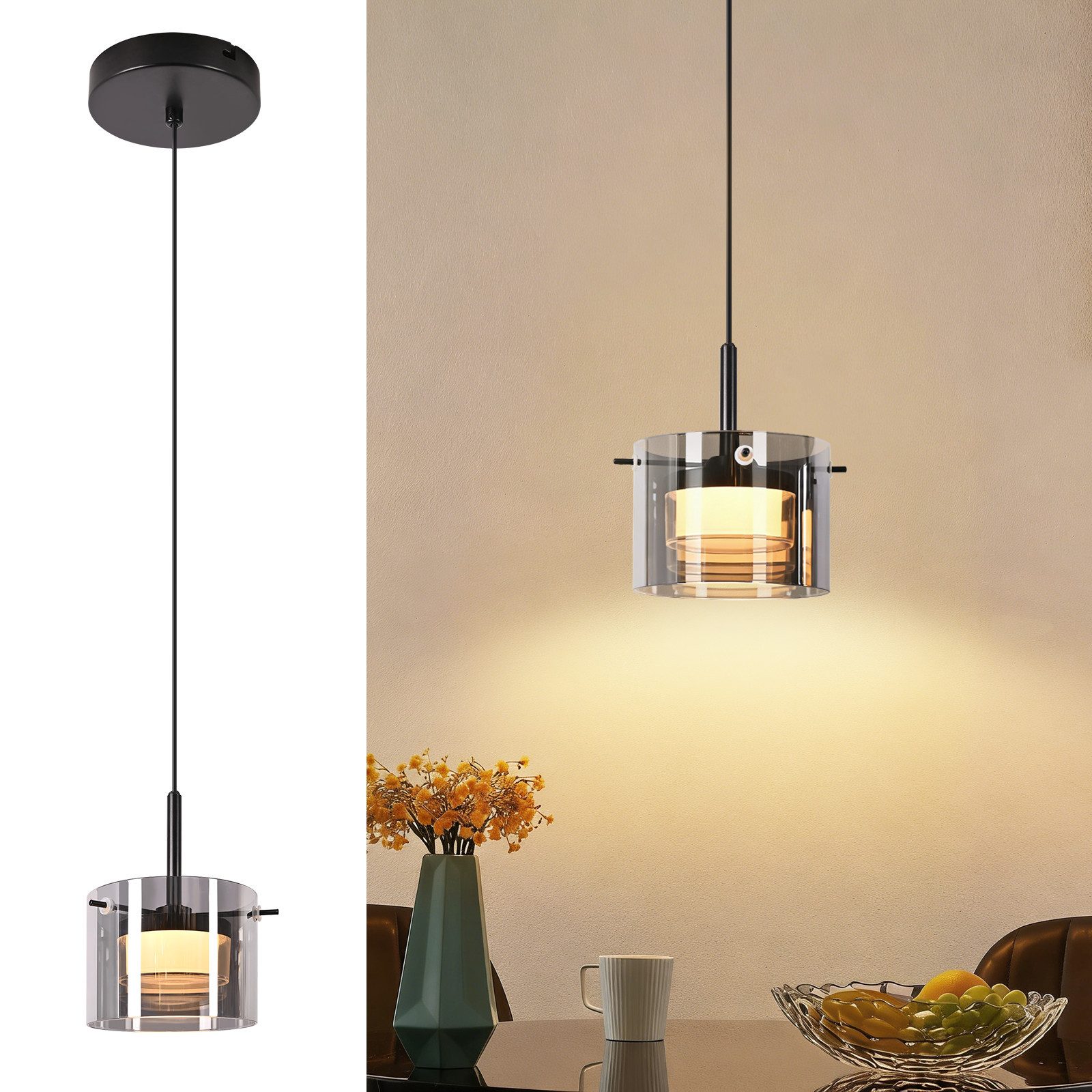 Nettlife LED Pendelleuchte 1/3/4flammig Retro Hängelampe Glas Esszimmerlampe 2700K Warmweiß, LED fest integriert, Extra-Warmweiß, für Esszimmer Wohnzimmer Küche