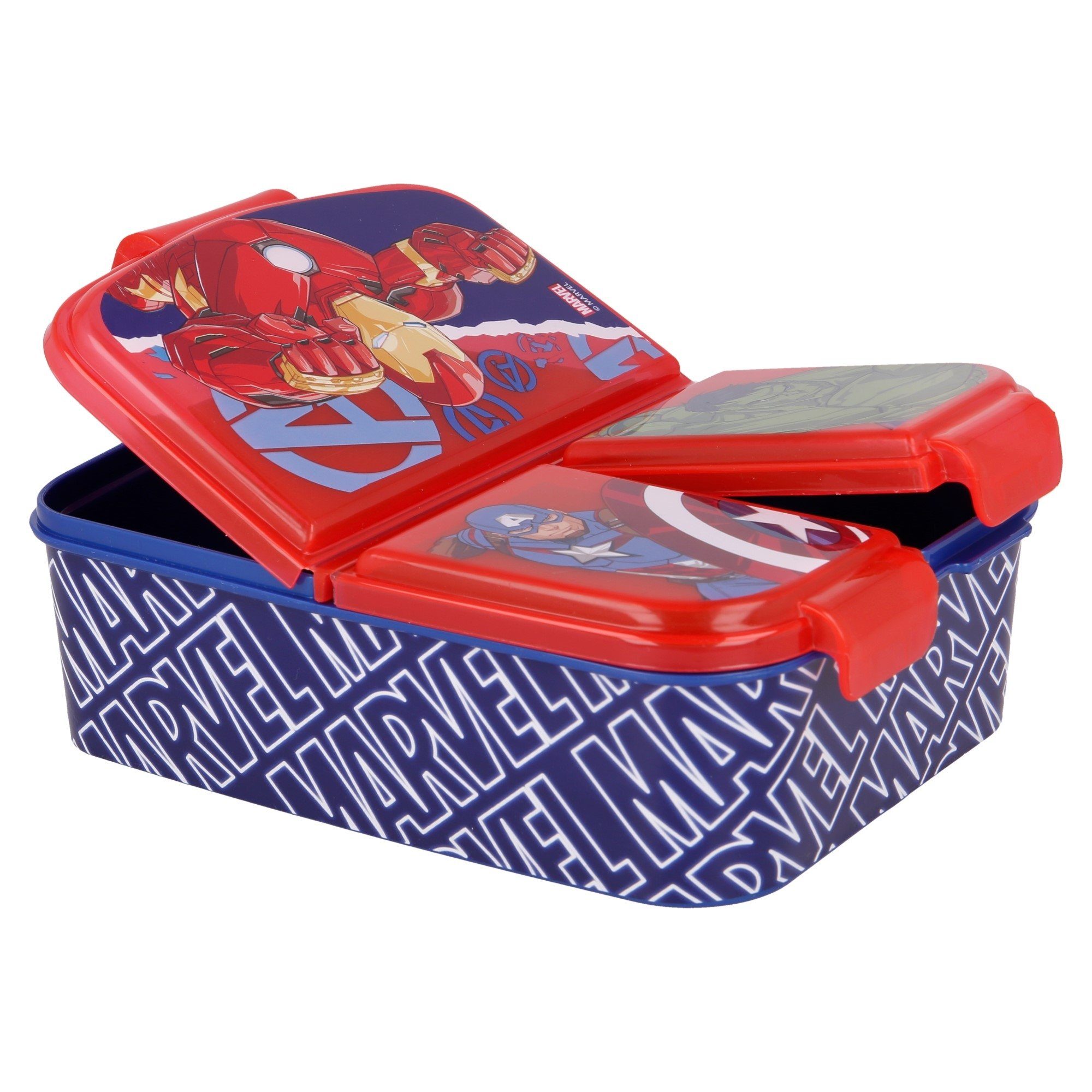 MARVEL Lunchbox Marvel Avengers Kinder Lunch Set 4tlg, (4-tlg), 3 Kammern Brotdose Alu-Trinkflasche Besteck