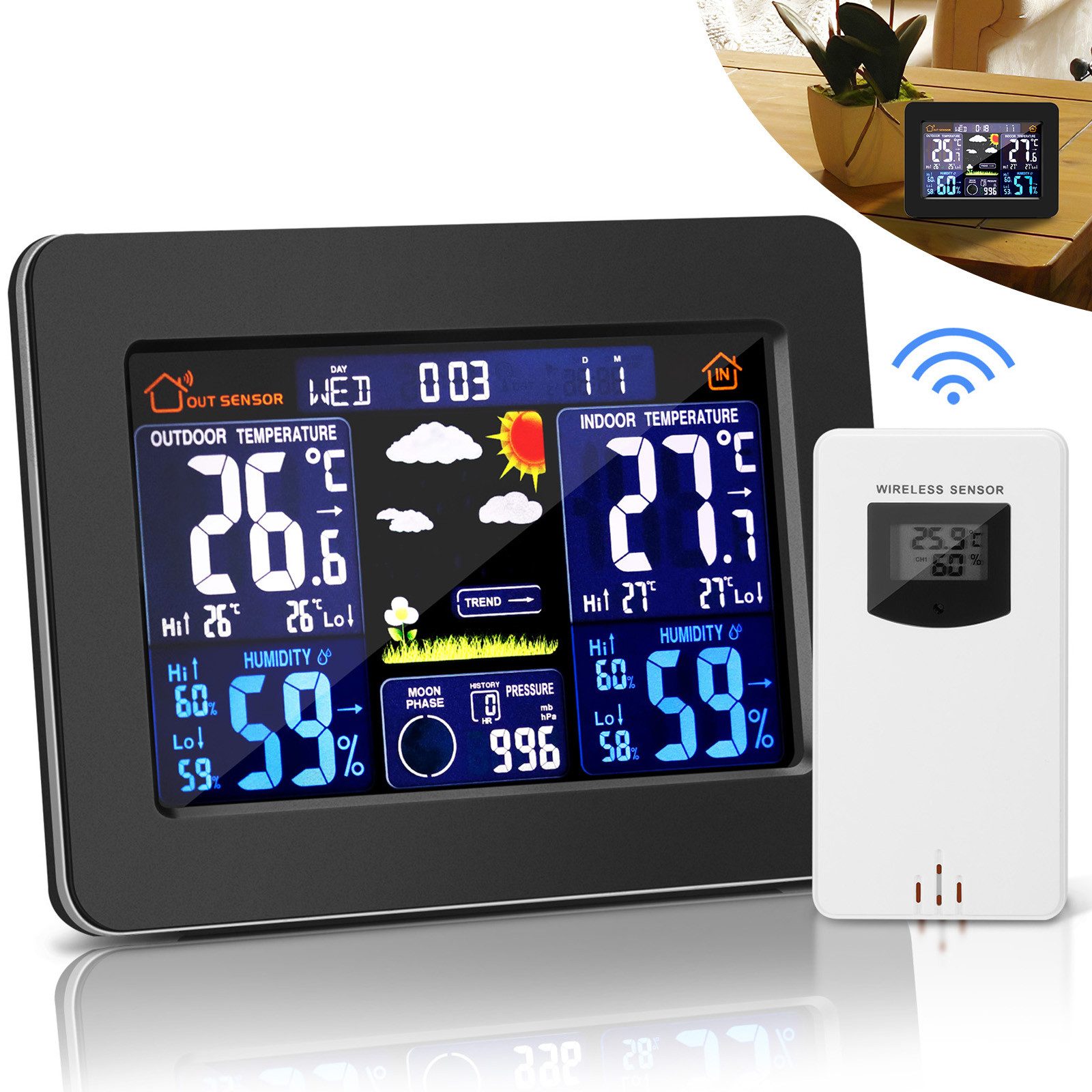 Innenwetterstation Digitaluhr Prognose Uhr multifunktional Vorhersage Uhr Farbbildschirm