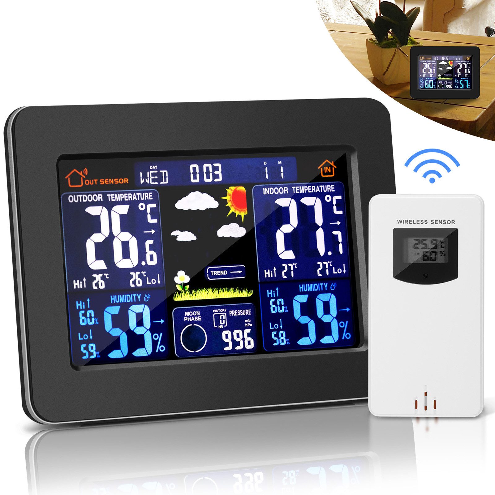 BlingBin Digitaluhr Prognose Uhr multifunktional Vorhersage Uhr Farbbildschirm Innenwetterstation (mit Außensensor, Wetterstation Alarm Prognosethermometer USB Frost Alarmfunktion Wecker)