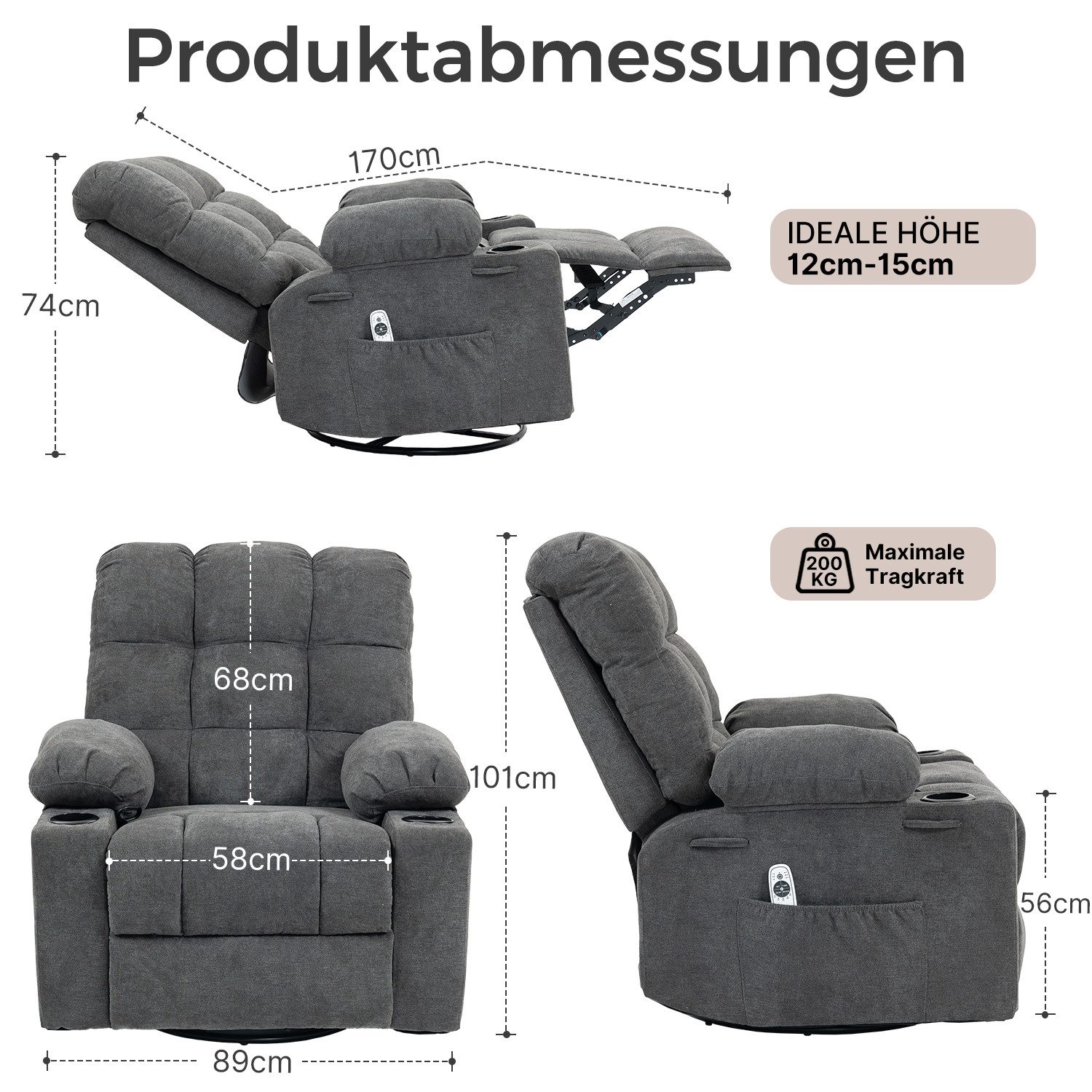 BRTHORY Relaxsessel Massagesessel mit 8-Punkt-Vibration & Wärme – 360° Drehung (1-St), Wipp- & Liegefunktion, Bequemer Relaxsessel aus Chenille