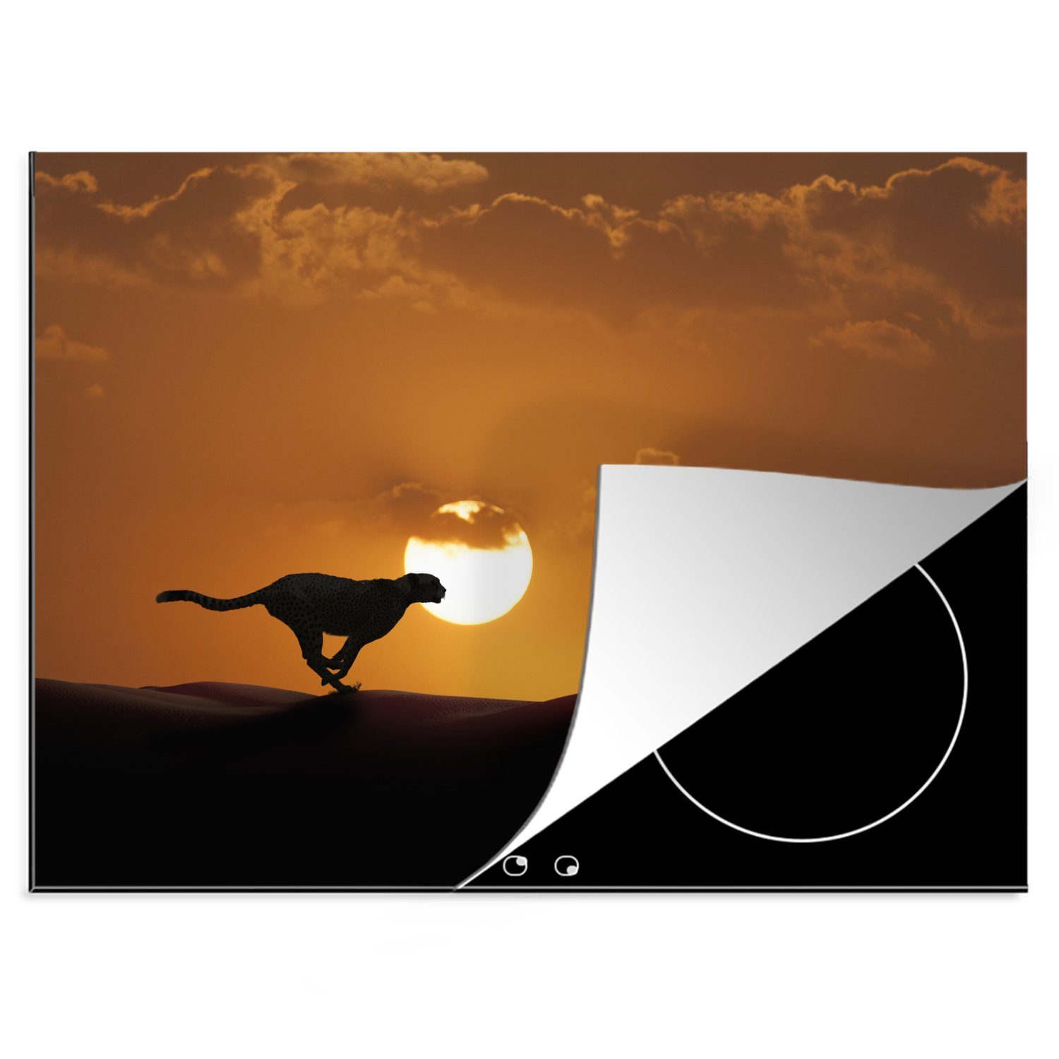 nutzbar, 70x52 Arbeitsfläche Herdblende-/Abdeckplatte MuchoWow Gepard Sonnenuntergang - cm, Mobile - tlg), Ceranfeldabdeckung Vinyl, Silhouette, (1