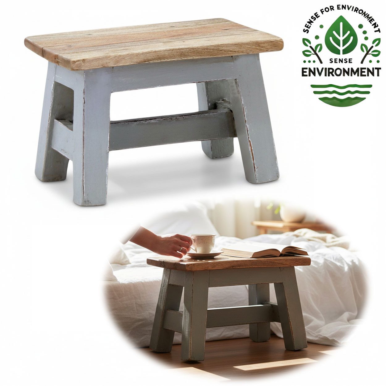 LS-LebenStil Fußhocker Vintage Holz Fußhocker Grau 30cm Tritthocker Schemel günstig online kaufen