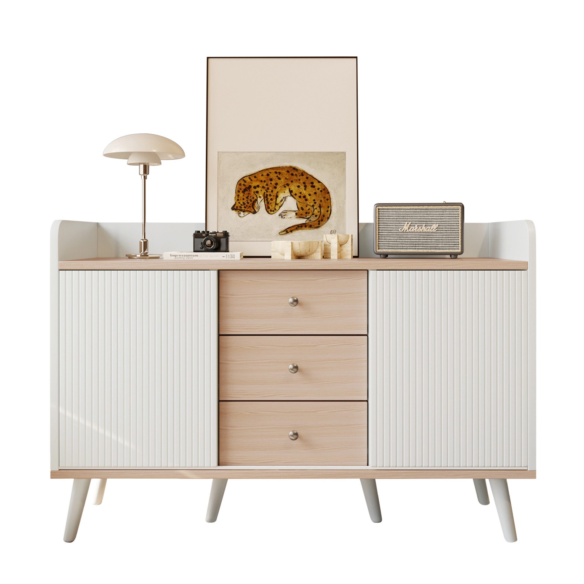 Merax Sideboard mit 3 Schubladen und 2 Schiebetüren, Kommode aus Holz mit verstellbaren Einlegeböden,B:117,5cm