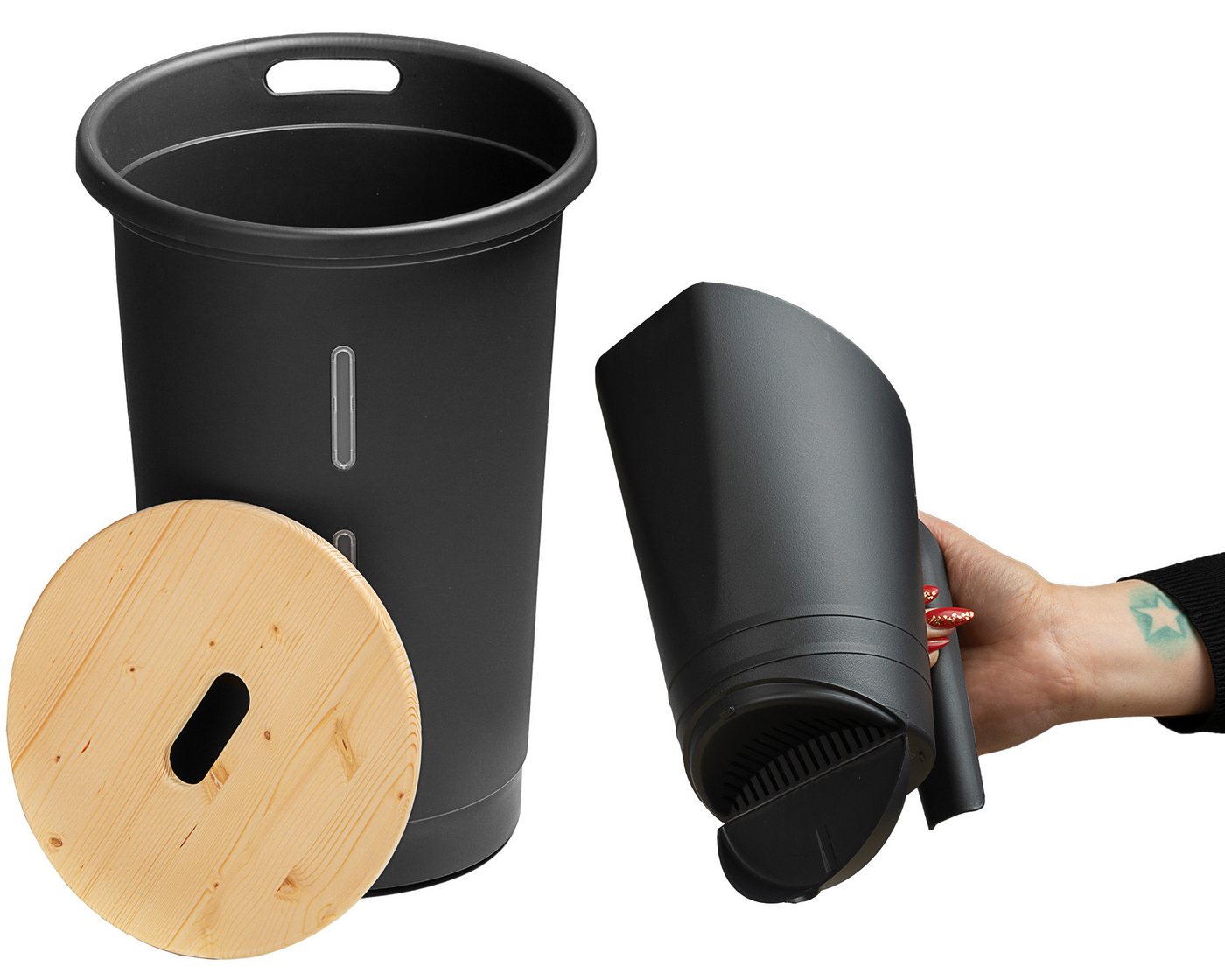 ONDIS24 Aufbewahrungsbox Pelletbehälter Aufbewahrungsbehälter mit Deckel aus Holz, Sichtfenster / 60,5 cm (H) / ⌀ 39,7 cm / Volumen 38l / rollend