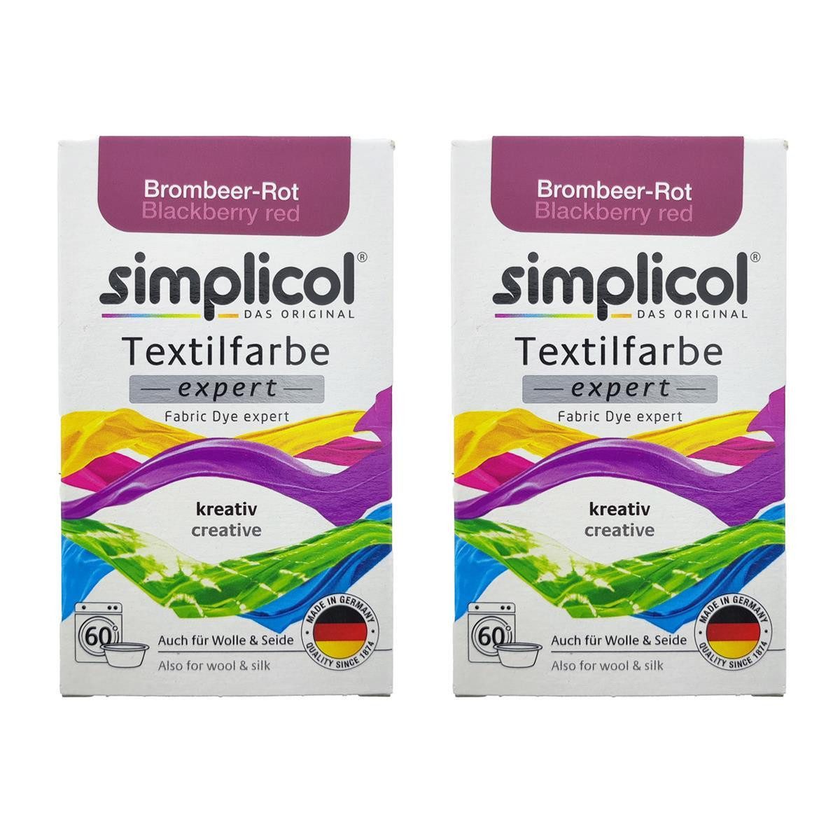 simplicol Textilfarbe Textilfarbe Expert Brombeer-Rot 2x 150g, Farberneuerung Textilfärbemittel Farbauffrischung Farbmischung Batik
