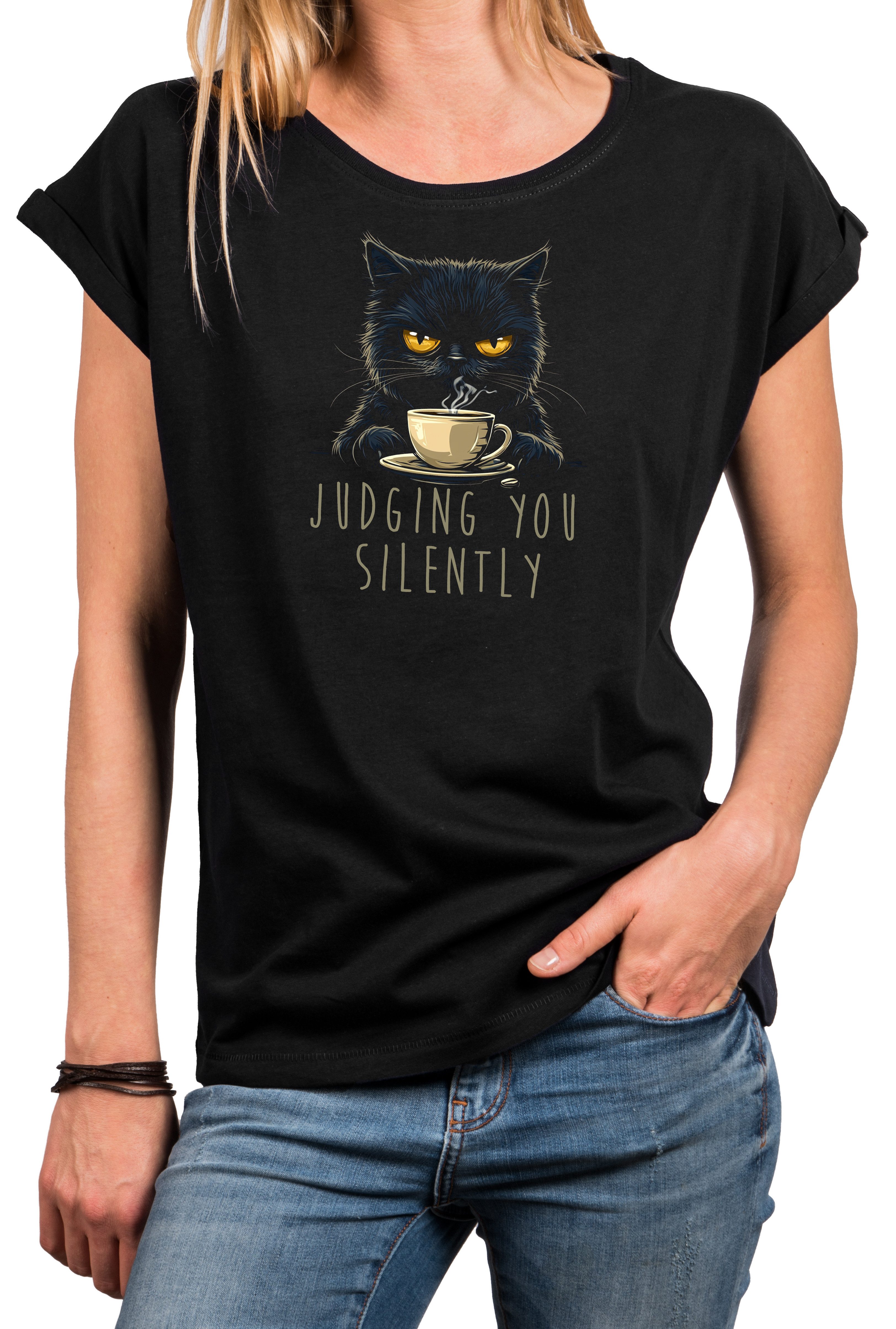 MAKAYA Kurzarmshirt mit Katzenmotiv Damen Shirt günstig online kaufen