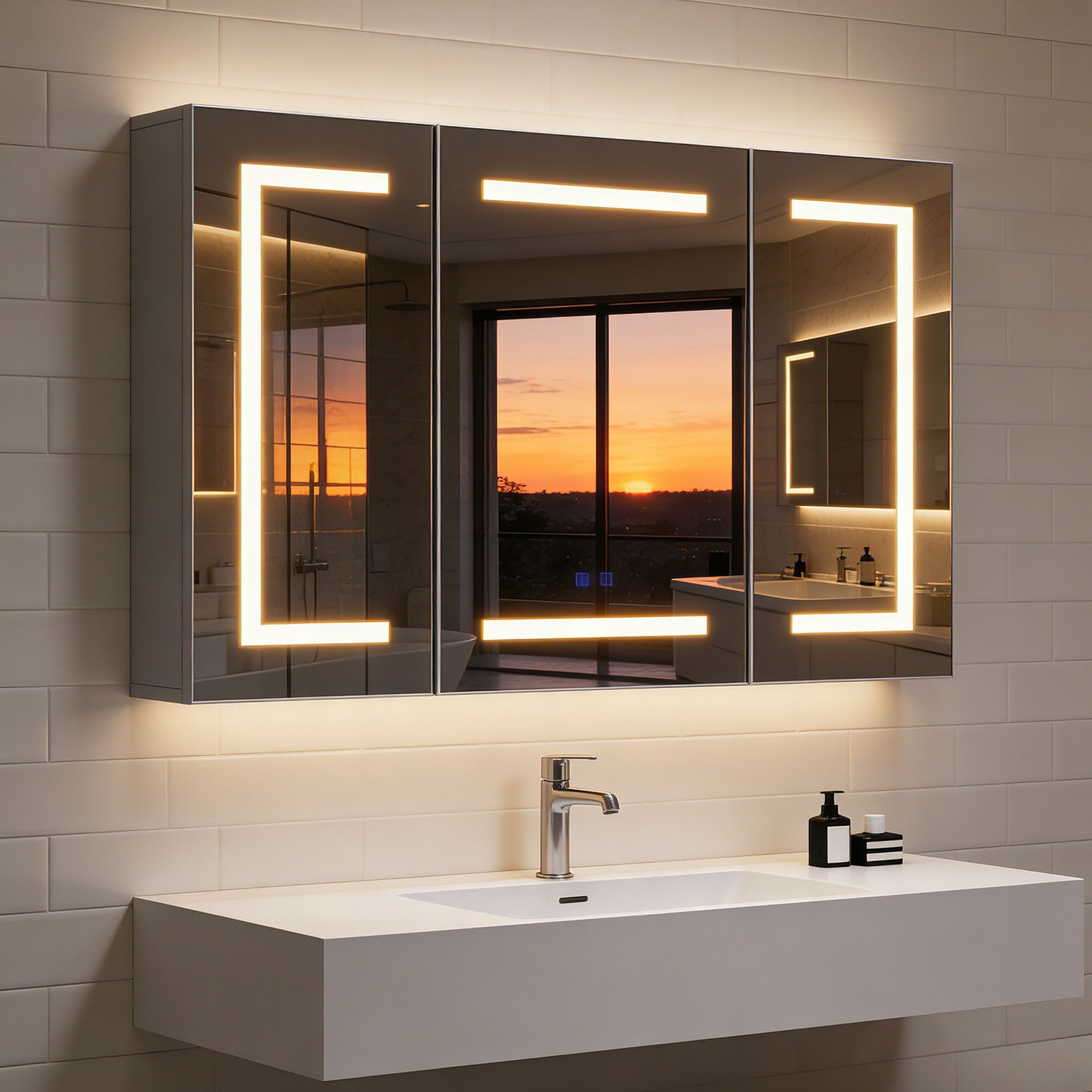Simurq Badezimmerspiegelschrank Spiegelschrank 100 cm LED mit Steckdose und Anti-Beschlag (Einzelartikel, 1-St., 1 Spiegelschrank) 3 Lichtfarben, Tissue-Auszug