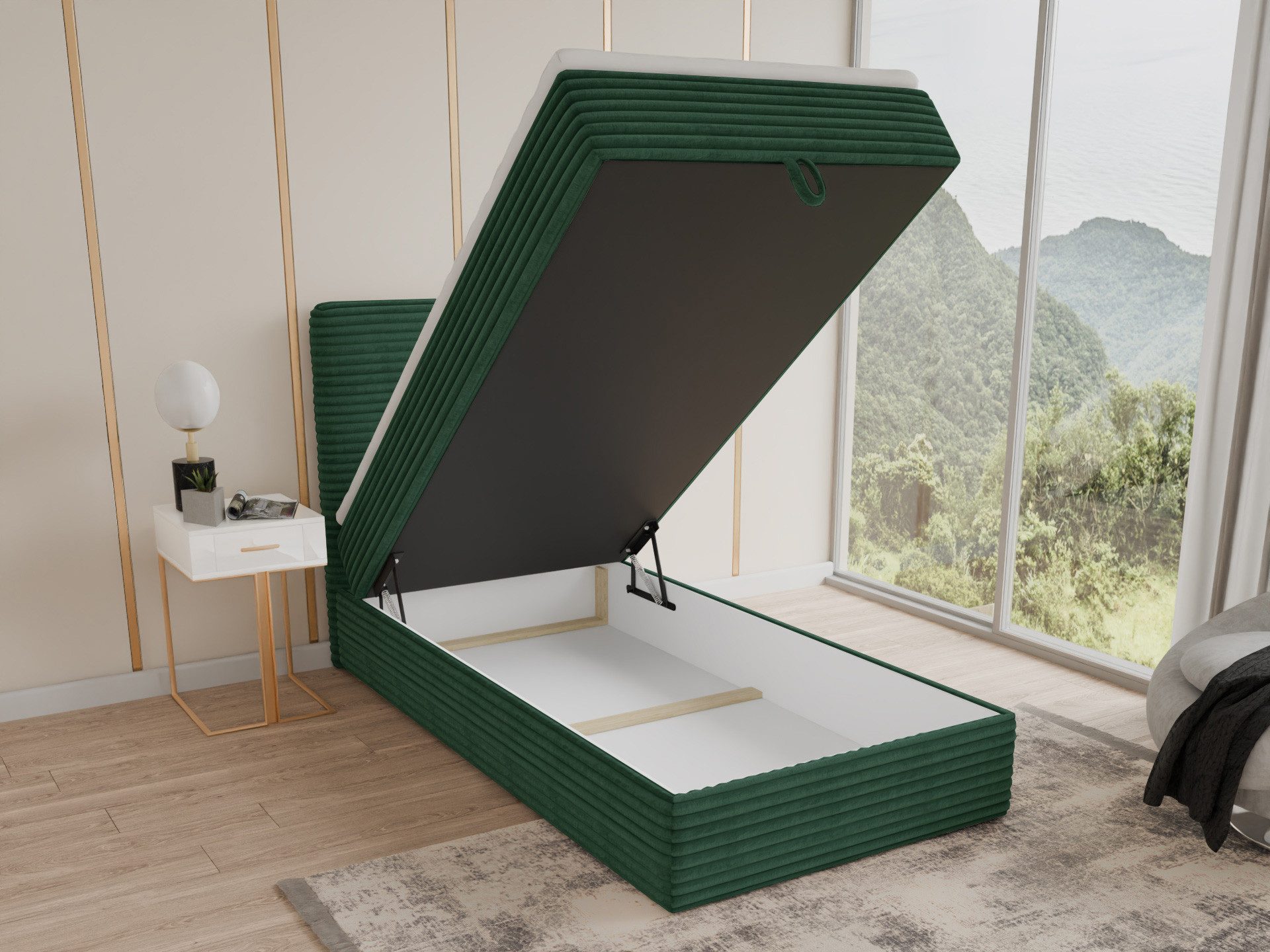 Sofnet Boxbett Mollo Mini (großer Bettkasten, Bonell-Matratze und Topper), Einzelbett, Polsterbett mit Kopfteil, Boxspringbett, Cordstoff