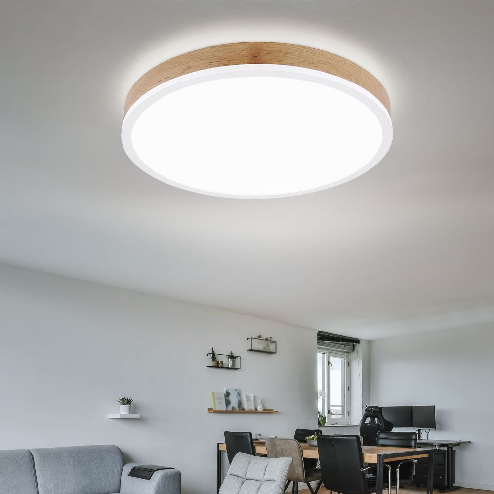 GLOBO LIGHTING LED Deckenleuchte, LED-Leuchtmittel fest verbaut, Warmweiß, LED Deckenlampe Wohnzimmerleuchte Metall Holzoptik MDF warmweiß D 45cm