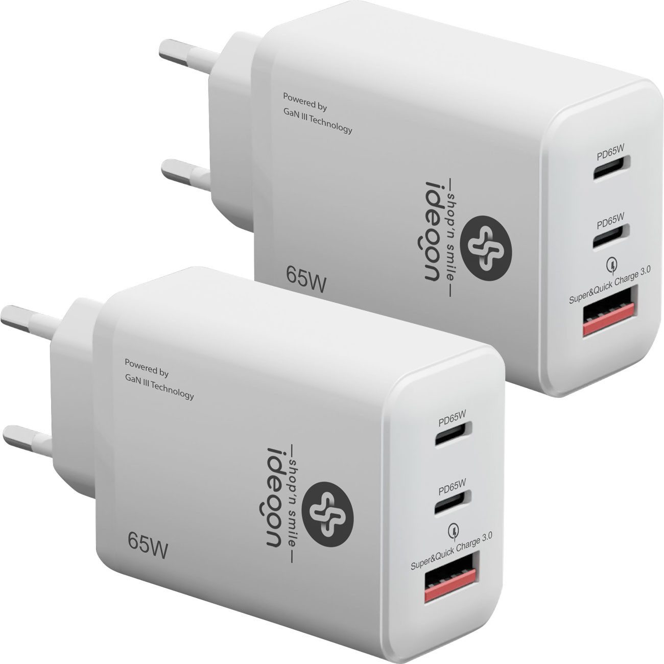 shop'n smile ideoon Leistungsstarkes, 3 Ports, 65Watt, 2x USB-C und 1x USB-A USB-Ladegerät (2-tlg., PD- & QC-Netzteil, für Smartphones, Notebooks, MacBook & Tablets)