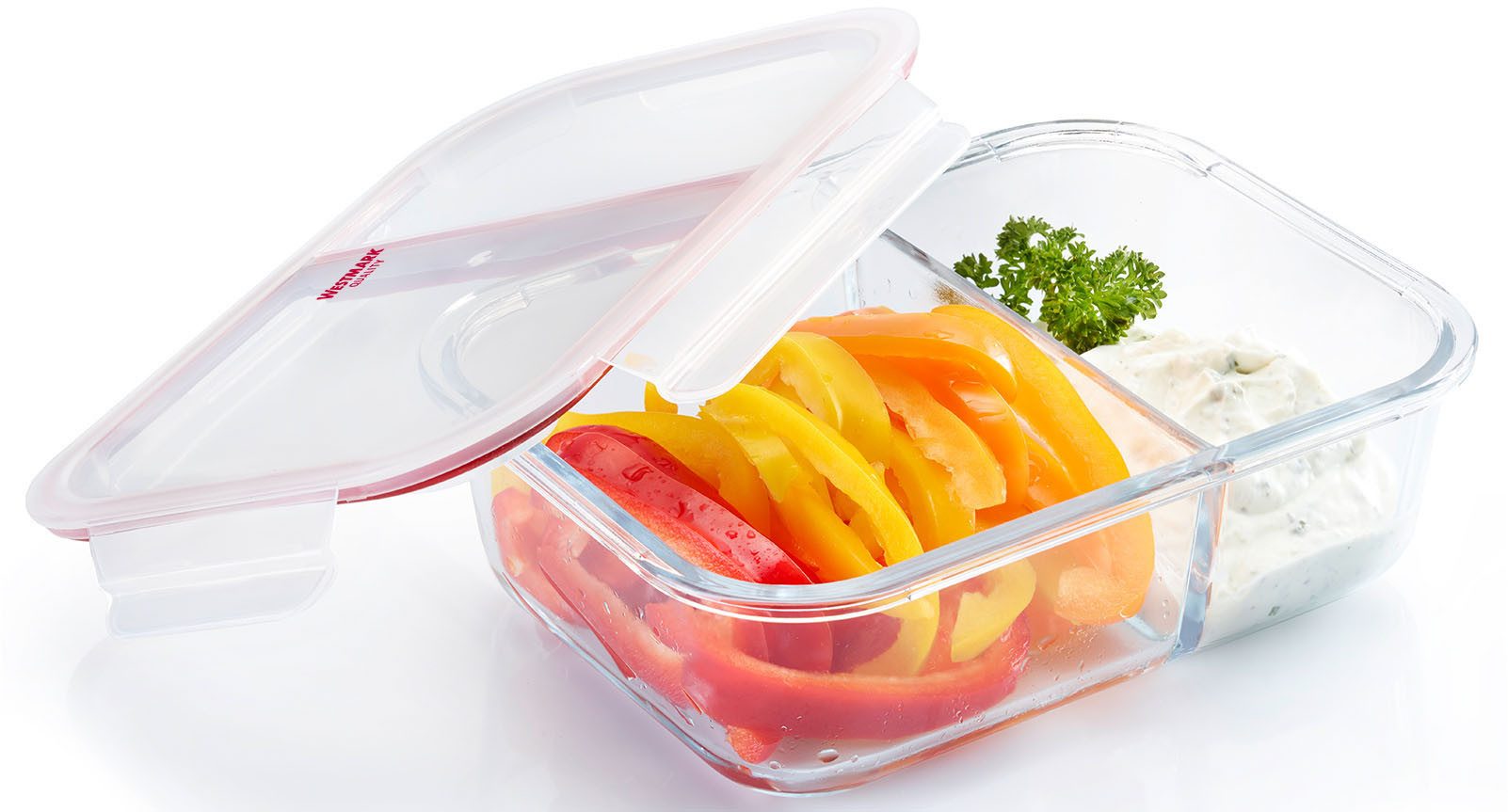 WESTMARK Frischhaltedose Glas-Frischhaltedose 1380 ml, mit 2 separaten Fächern, Borosilikatglas, Polyprophylen (PP), Silikon, (1-tlg), mikrowellen- und ofenfest, 1380 ml = 850 + 530 ml