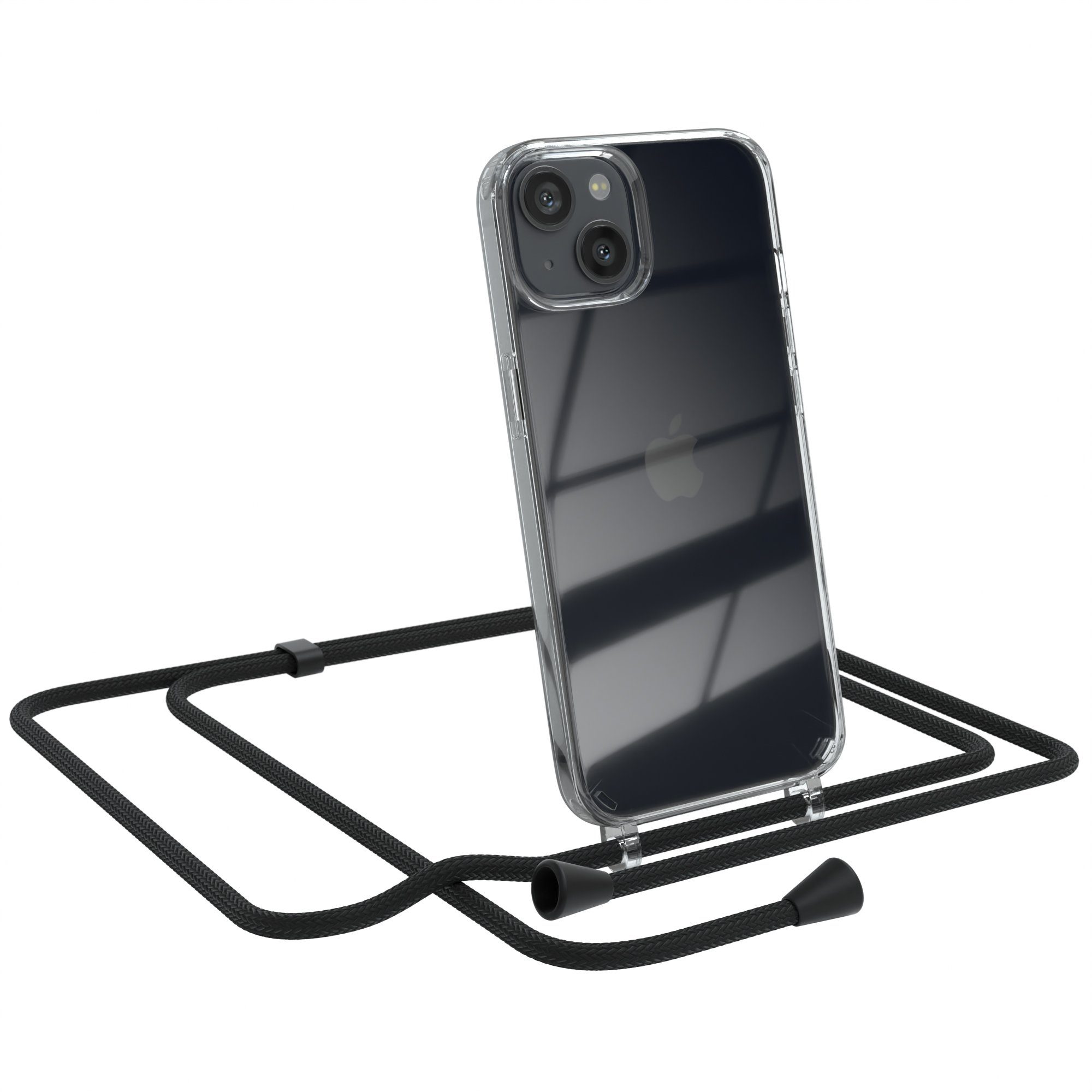 EAZY CASE Handykette Kette Clips Schwarz für Apple iPhone 13 6,1 Zoll, Slimcover mit Umhängeband Case Handytasche Clear Backcover Schwarz