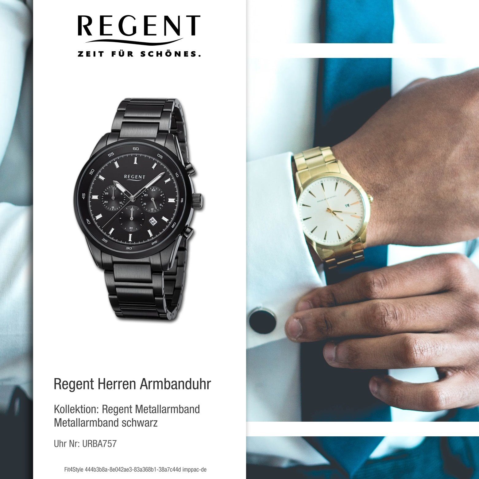 Regent Analog, rund, Armbanduhr Armbanduhr (ca. groß Herren Quarzuhr Regent extra Herren 44mm), Metallarmband
