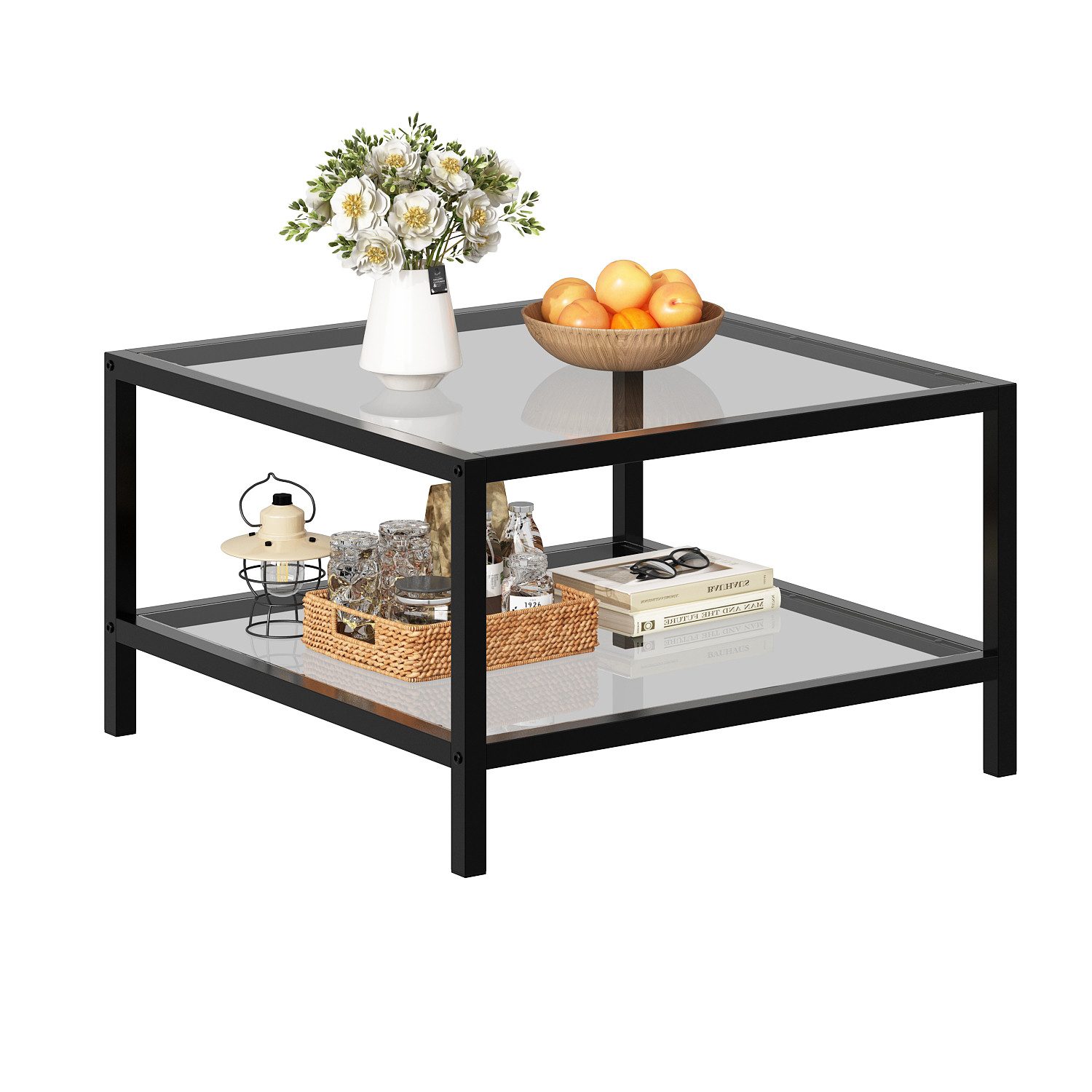 HOMSEE Couchtisch Moderner Glas-Wohnzimmertisch mit 2 Ablageebenen, 68x68x40 cm (1-St), Beistelltisch aus gehärtetem Glas & Metallgerüst für Wohnzimmer
