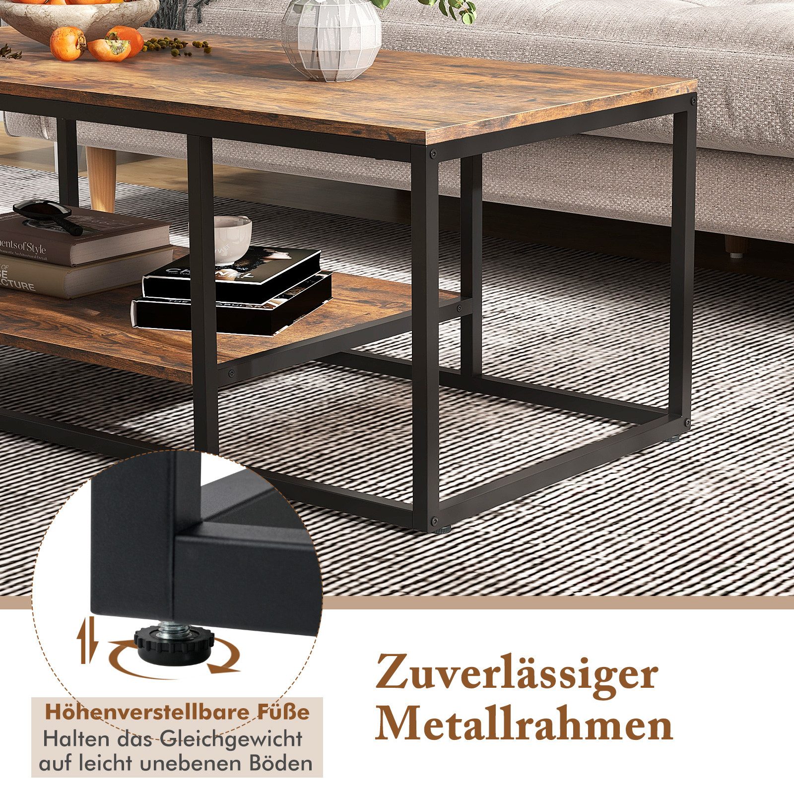 COSTWAY Couchtisch, mit Stauraum & Ablage, 2 Ebenen, Metallrahmen, 105cm