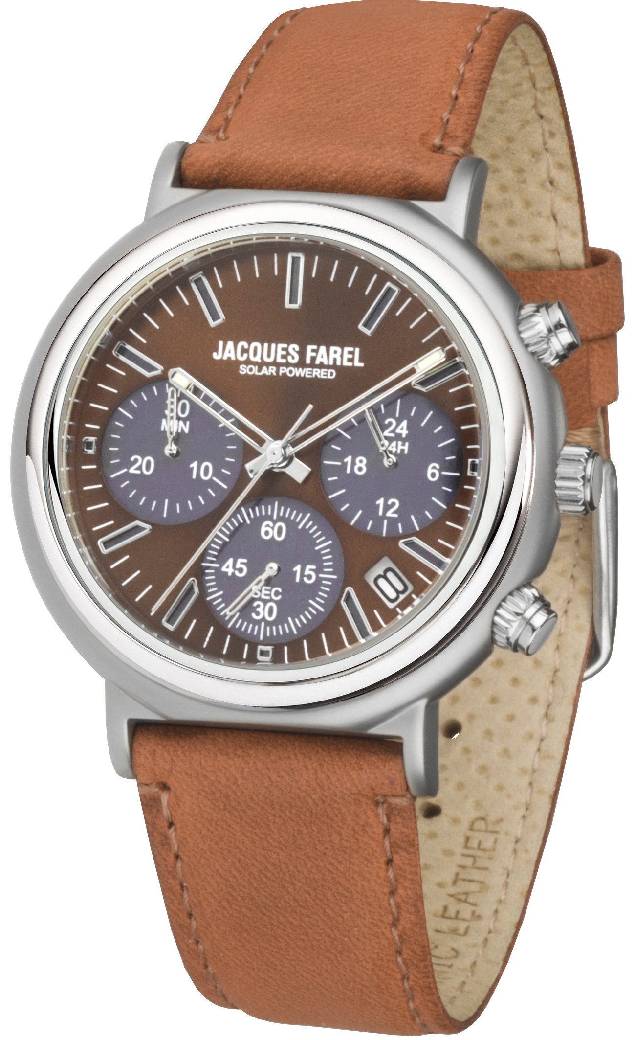Jacques Farel Solaruhr ORST3002 nachhaltige Herren Damen Armbanduhr Recycling-Stahlgehäuse Lederband 5 bar, Analog Braun Blau Multifunktion Chrono Datum 24h Ø41 mm