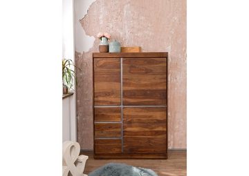 Massivmoebel24 Highboard SYDNEY (Modernes Highboard für viel Stauraum, mit Türen und Schubladen, inklusive metallischer Zierleiste, in braun lackiert 102x40x147 Sheesham montiert)