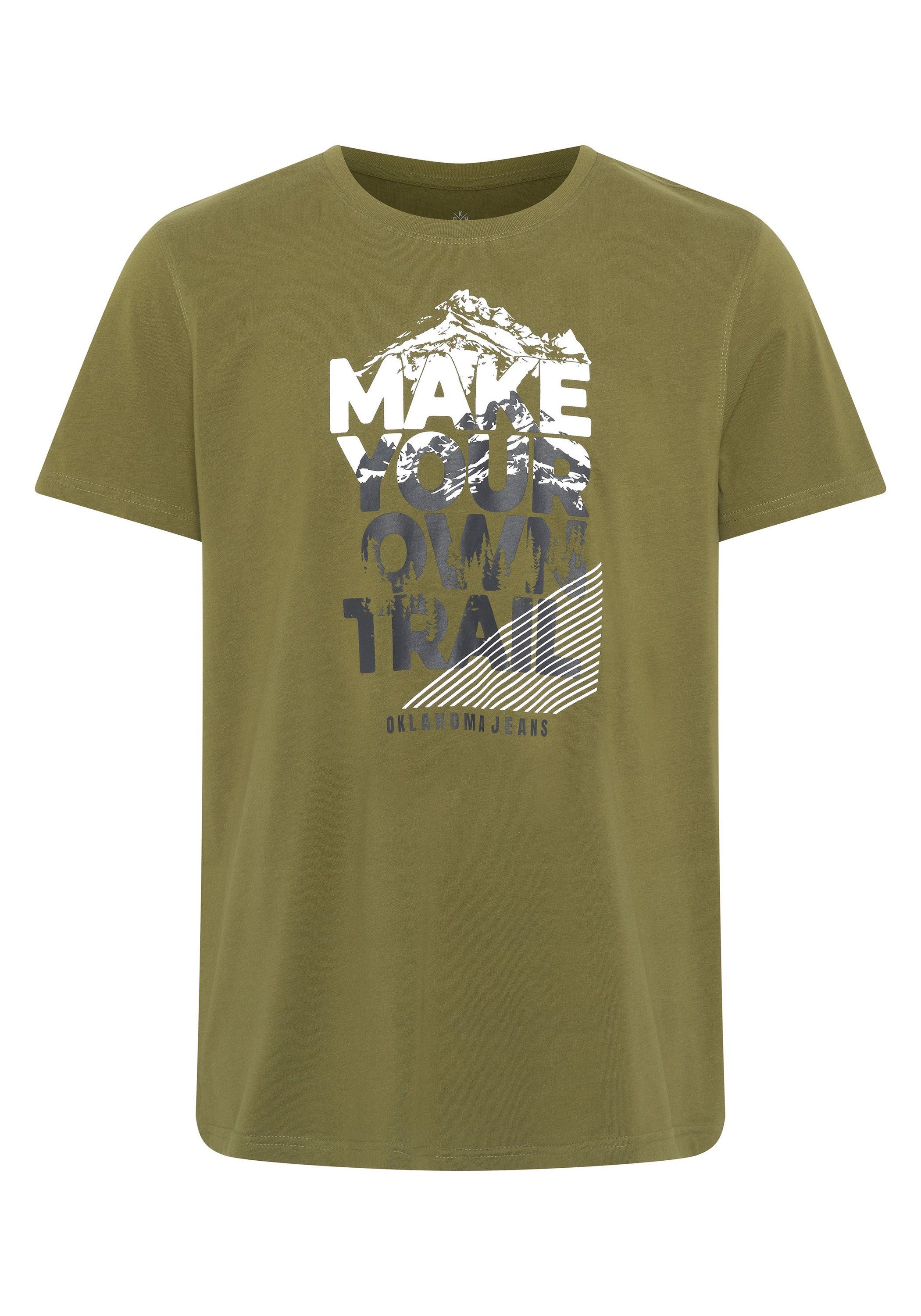Oklahoma Jeans Print-Shirt mit Schriftzug im Mountain-Look 18-0515 Dusty Olive | Rundhalsshirts