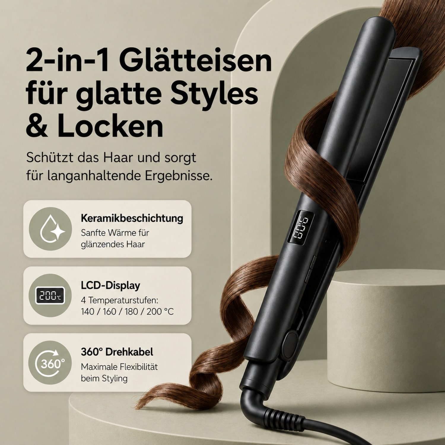 Fyrove Glätteisen Haarglätter mit LCD-Display, 4 Temperaturstufen 140–200°C Keramik-Haarglätter mit Auto-Off, 360° Drehkabel, Styling-Tool für glattes Haar, Rei – Bild 2 von 5