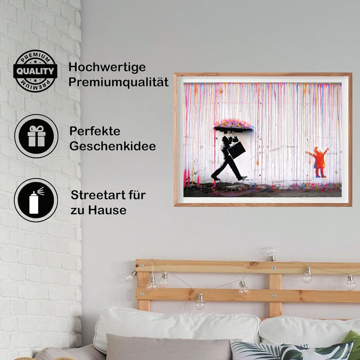 Lineo Poster Kind im Regen Kunstdruck 60x42 cm Banksy Poster, Art Modern Bild Street Art Graffiti Wandposter Loft Wohnzimmer