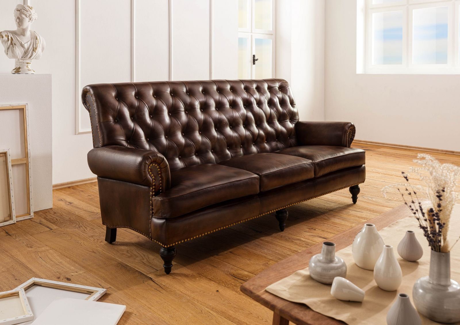 Massivmoebel24 Sofa, Sofa 3-Sitzer Echtleder 196x84x94 braun CHESTERFIELD # günstig online kaufen